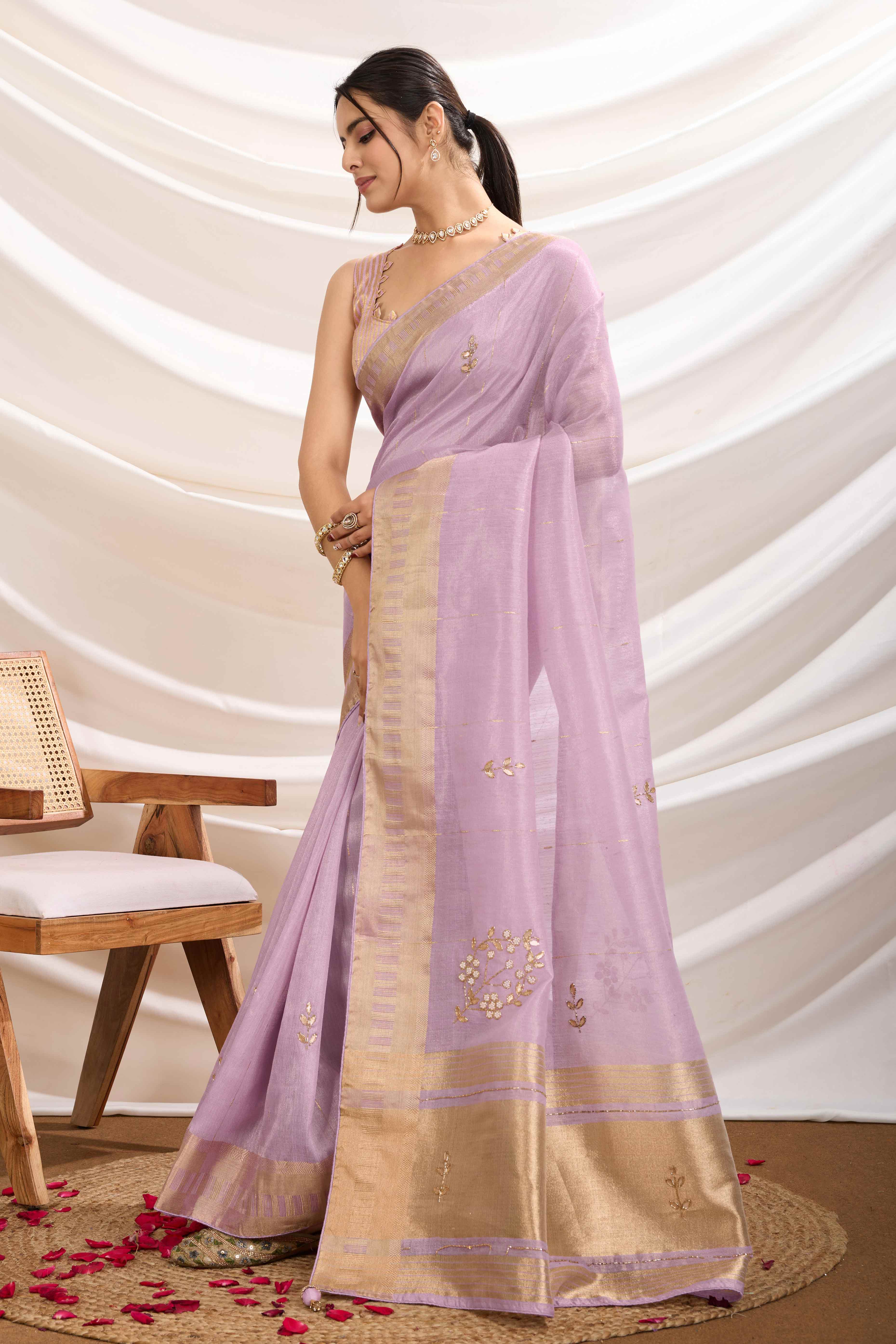 Lilac Purple Linen Tissue Saree With Hand-Stitched Moti & Cutdana Work