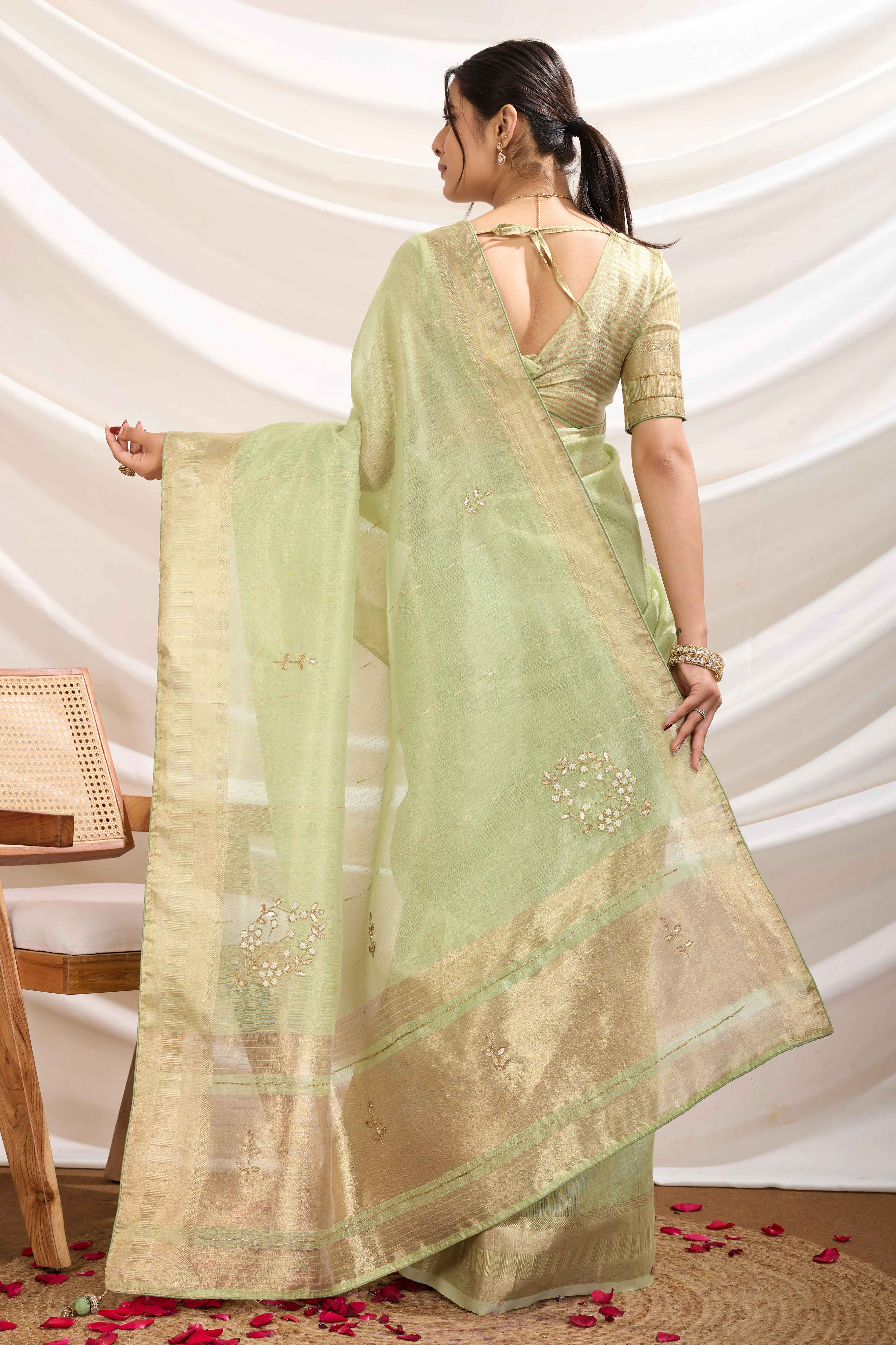 Green Linen Tissue Saree With Hand-Stitched Moti & Cutdana Work