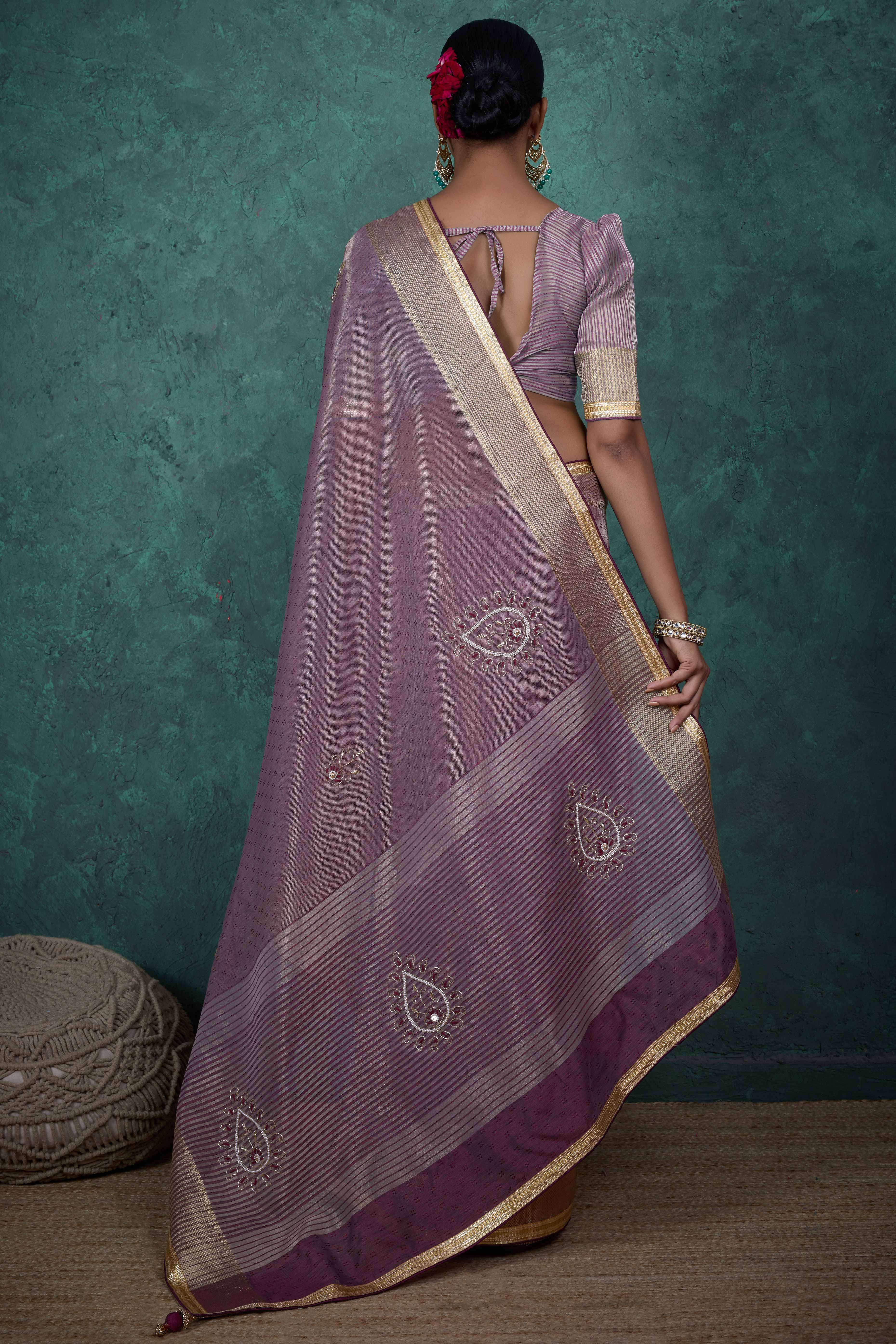 Purple Woven Linen Tissue Saree Featuring Beads Embellishment