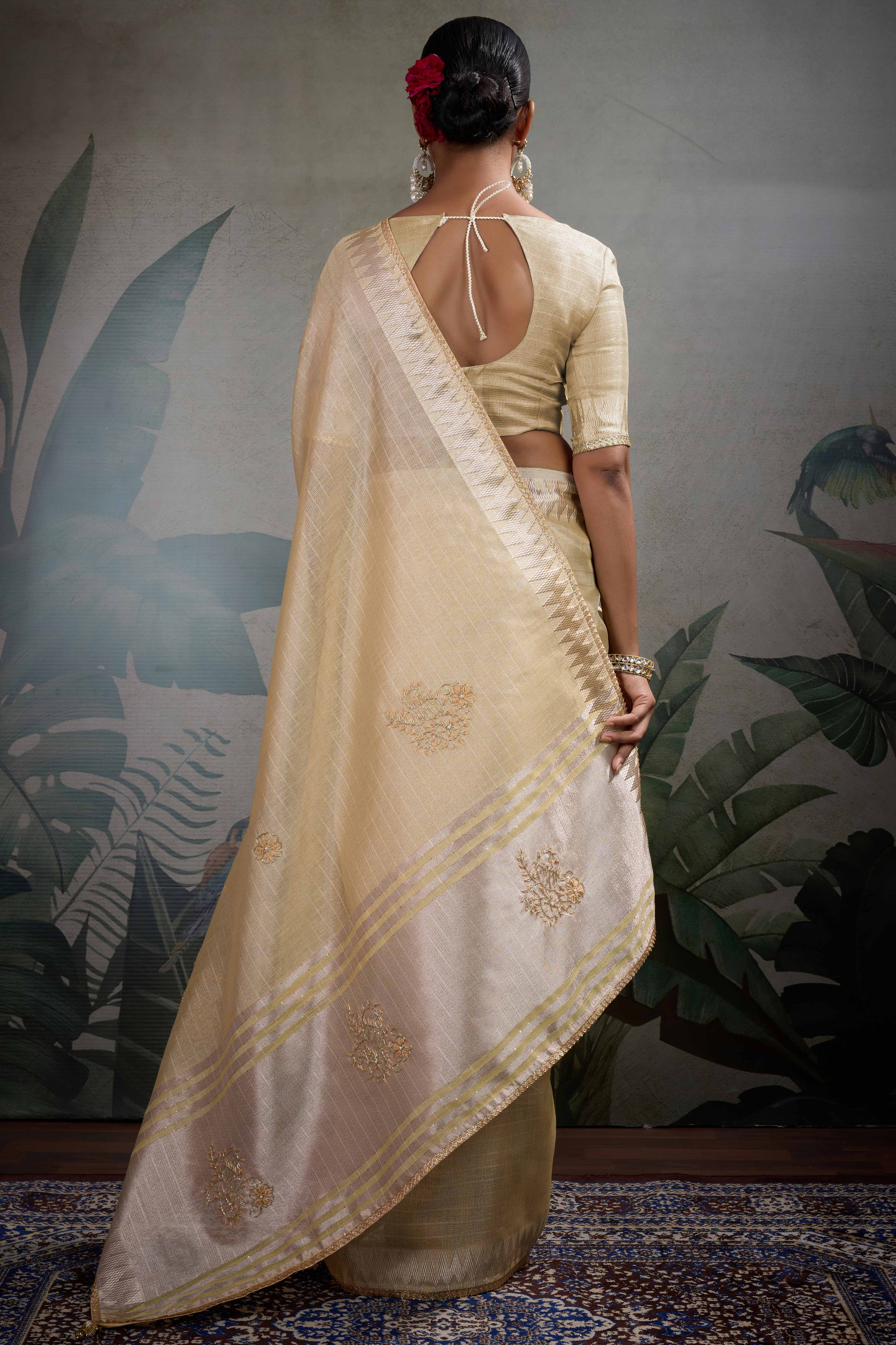 Beige Linen Tissue Saree with Hand Beads Embellishment