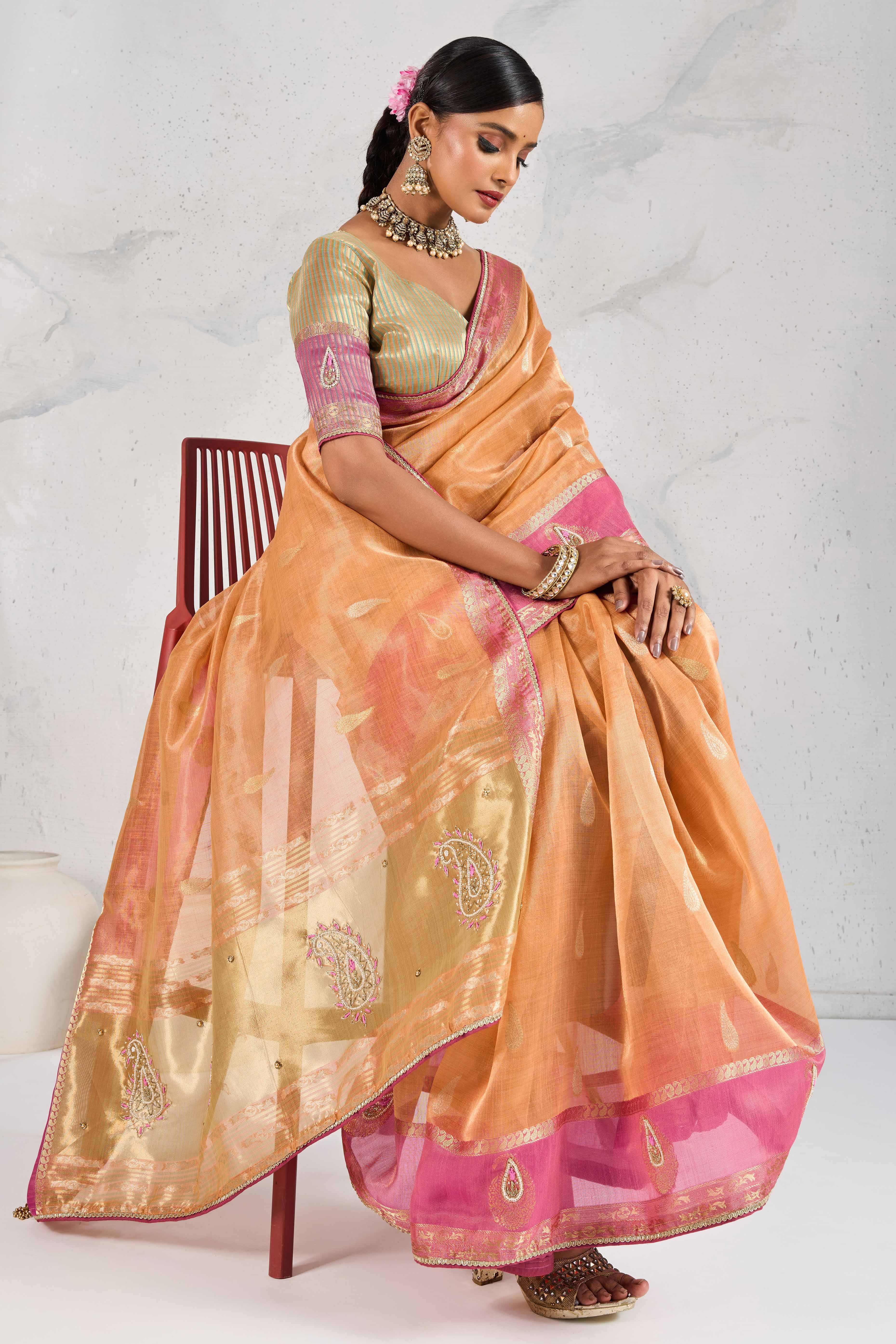 Orange Designer Tissue Linen Woven Saree with Luxe Zari and Beads Work
