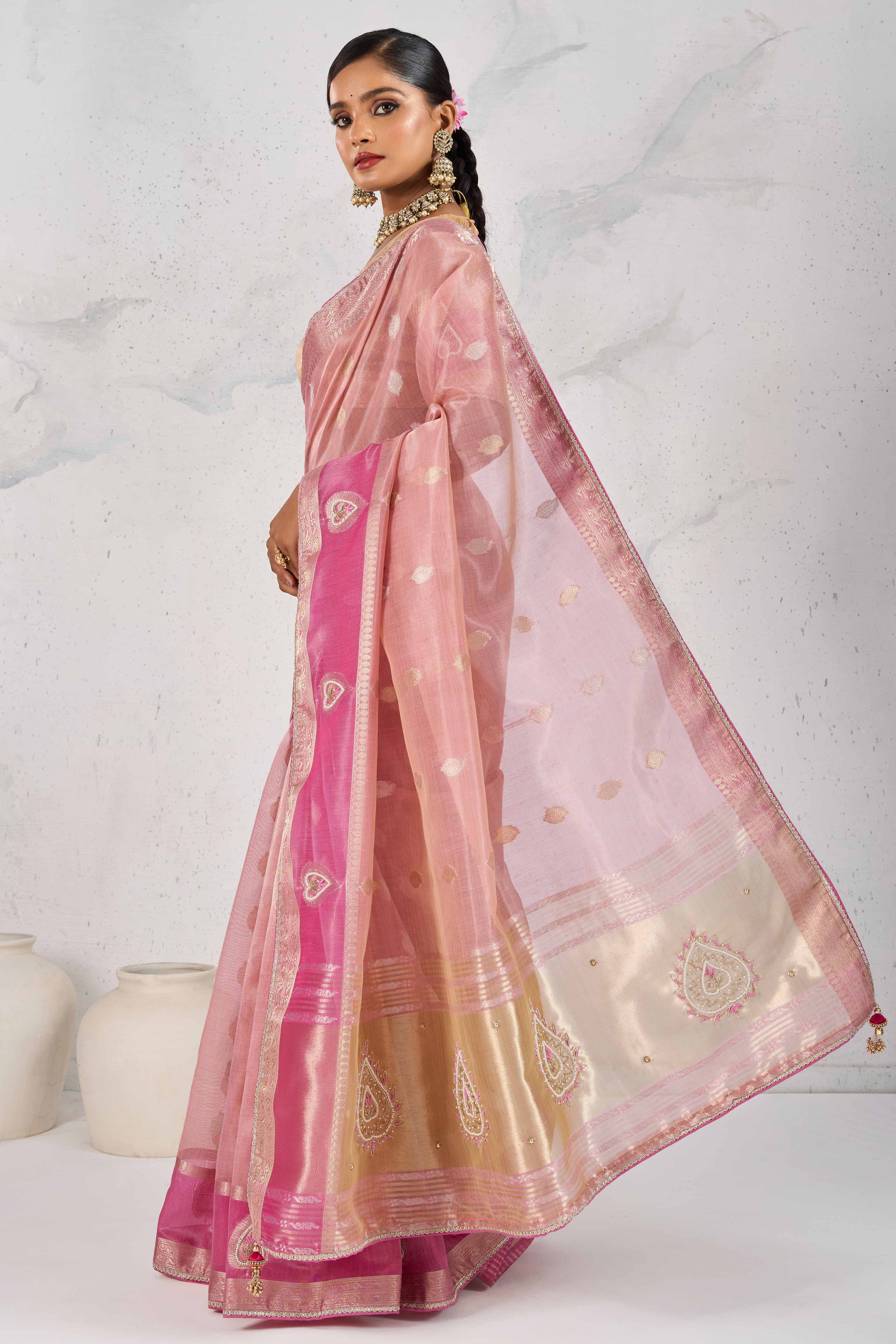 Pink Designer Tissue Linen Woven Saree with Luxe Zari and Beads Work