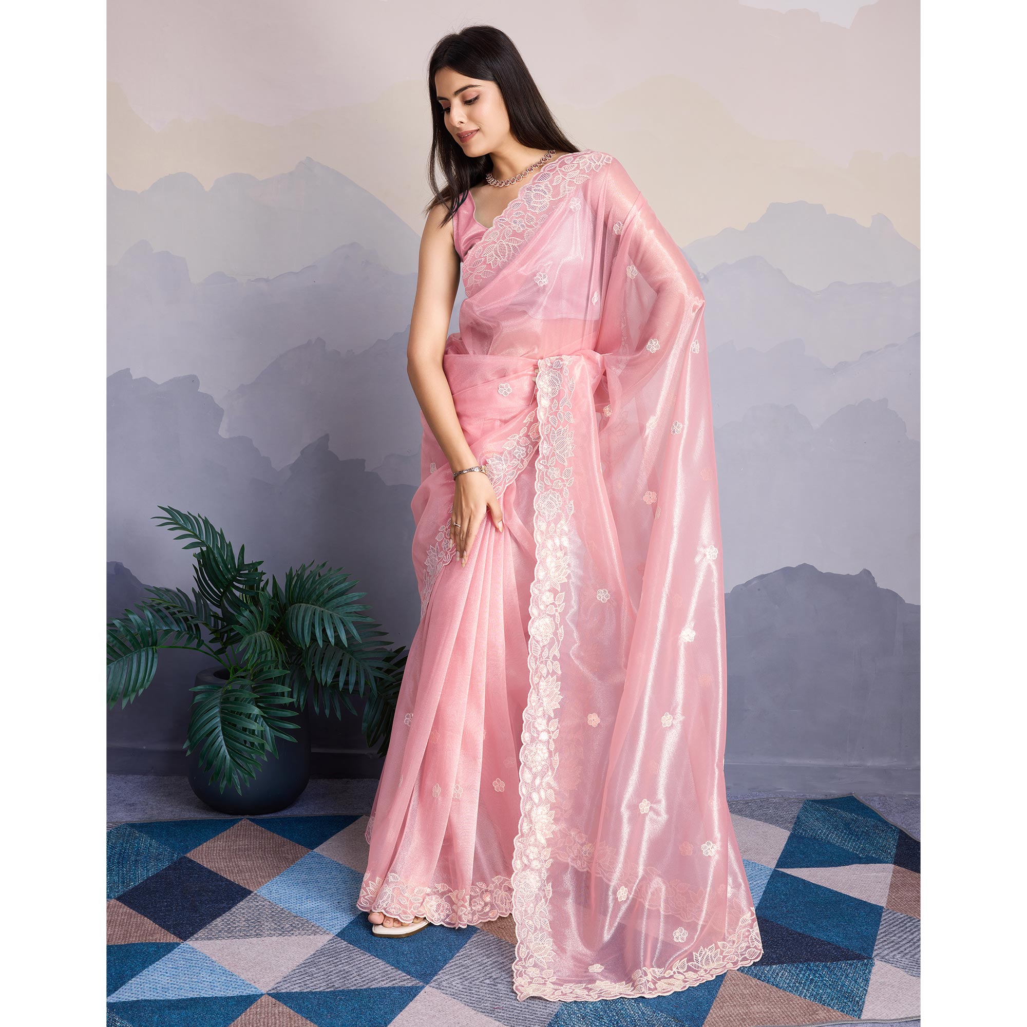 Baby Pink Floral Sequins Embroidered Twill Net Saree