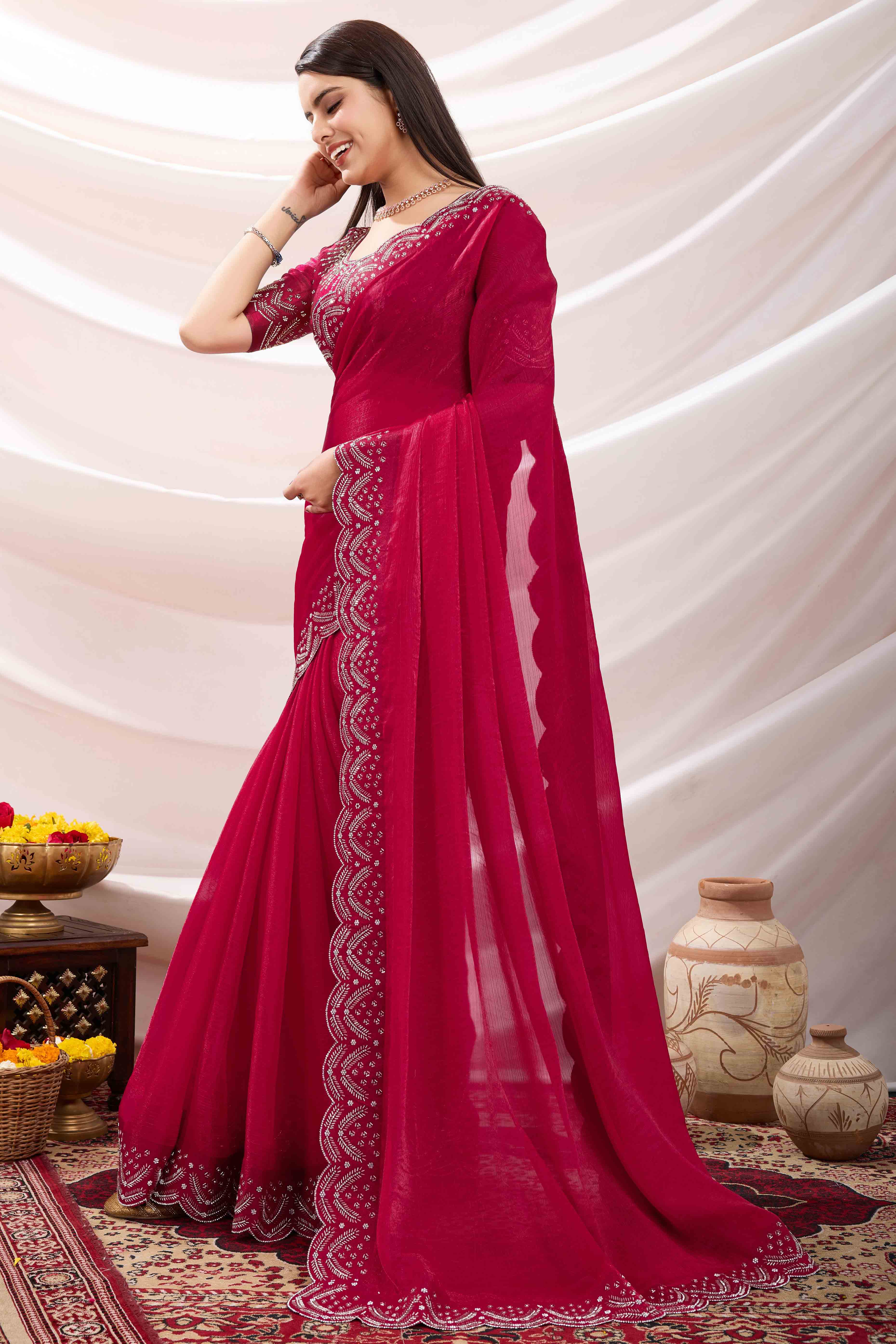 Pink Stone Work Embroidered Velvet Chiffon Saree