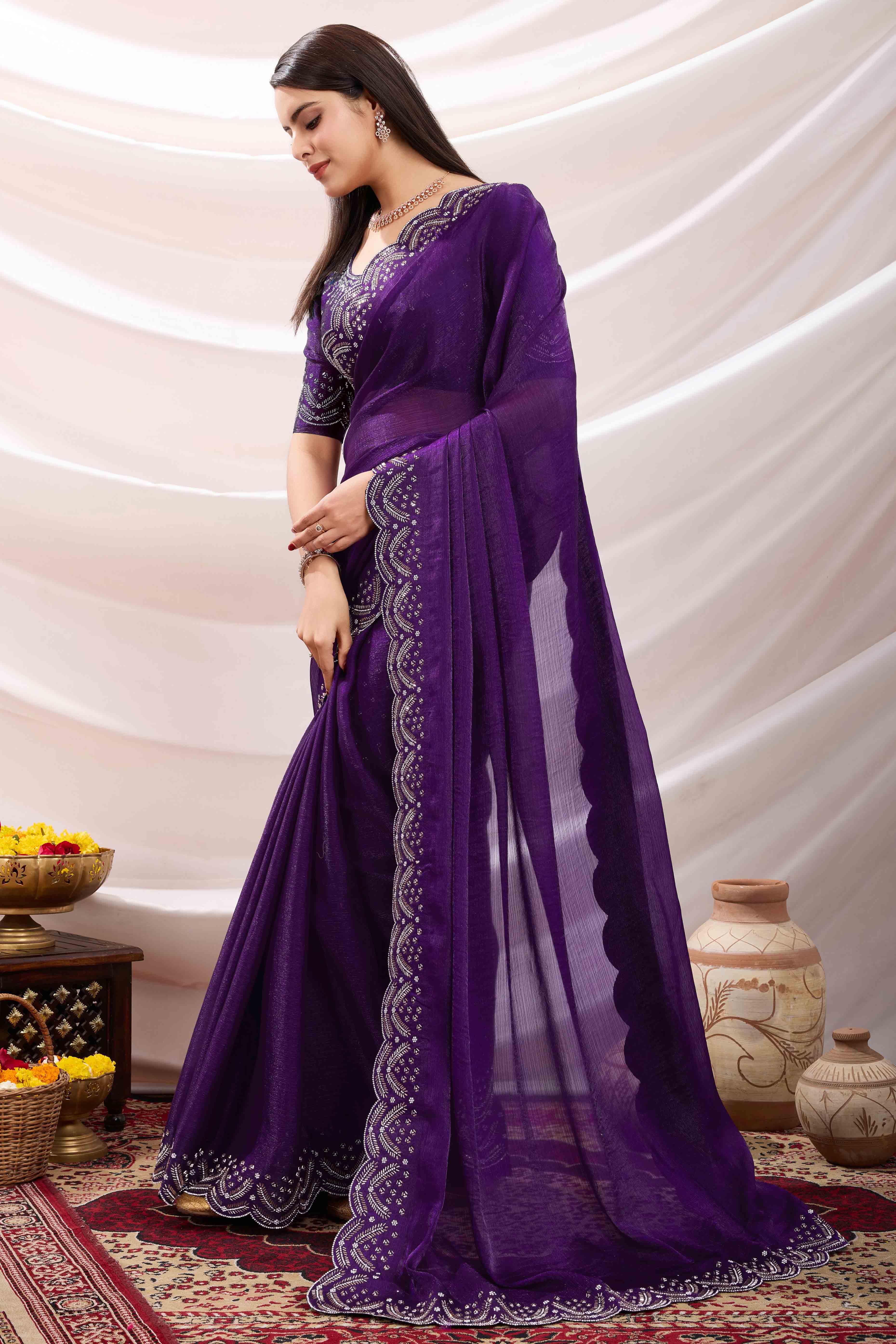 Purple Stone Work Embroidered Velvet Chiffon Saree