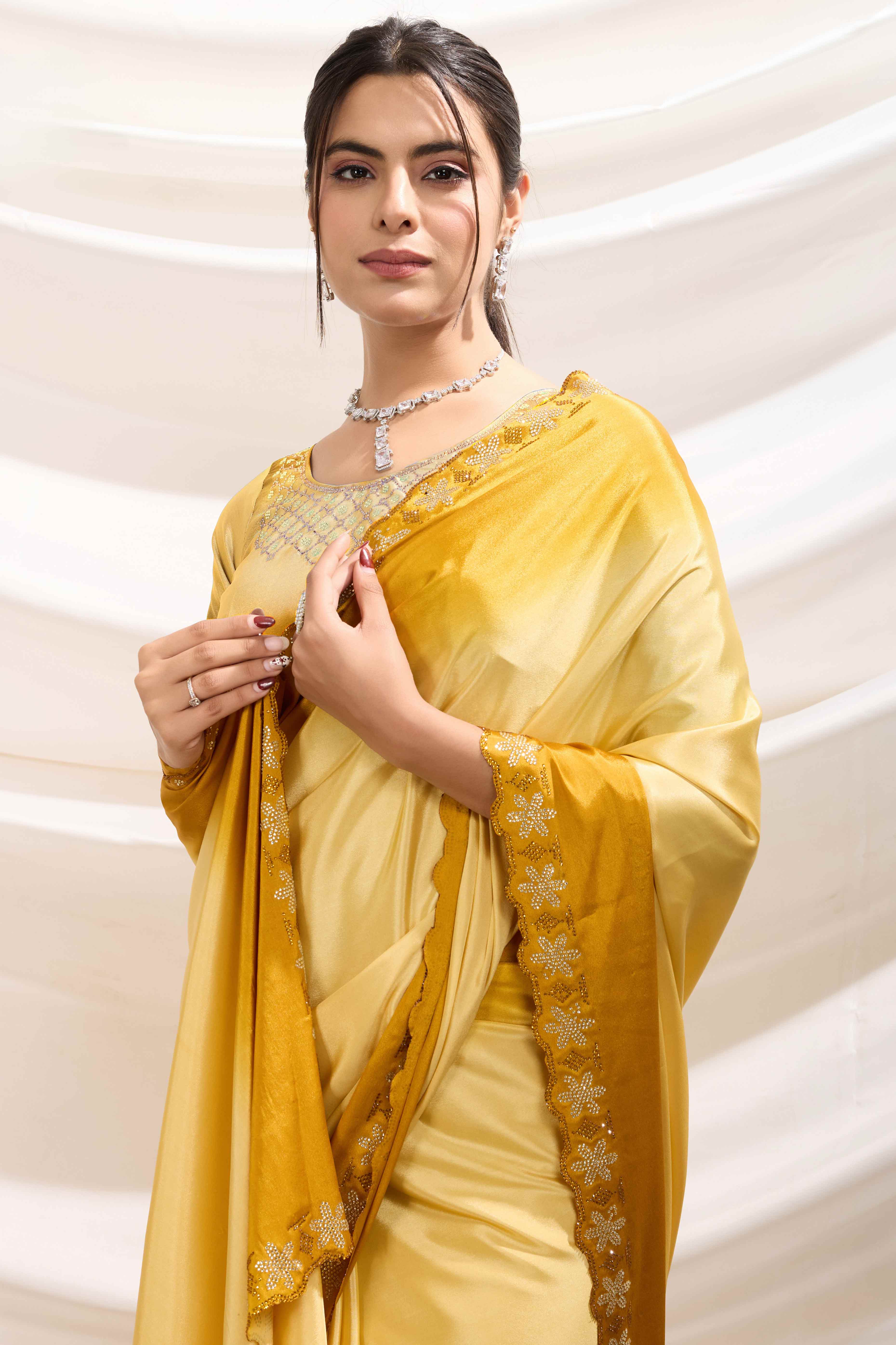 Gold Two Tone Ombre Crepe Saree With Exquisite Floral Stonework