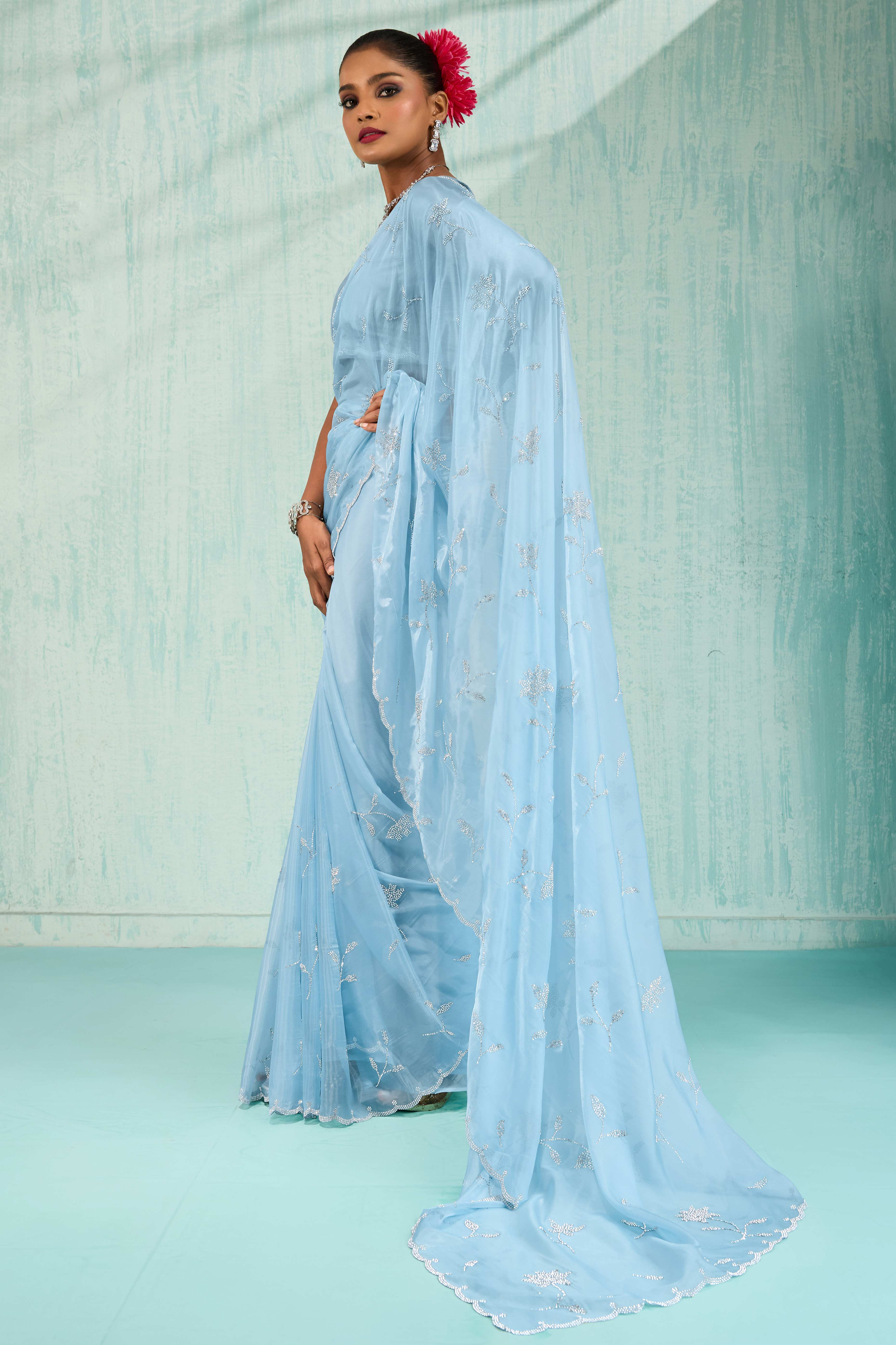 Sky Blue Embellished Viscose Saree Featuring Luxe Crystal Detailing