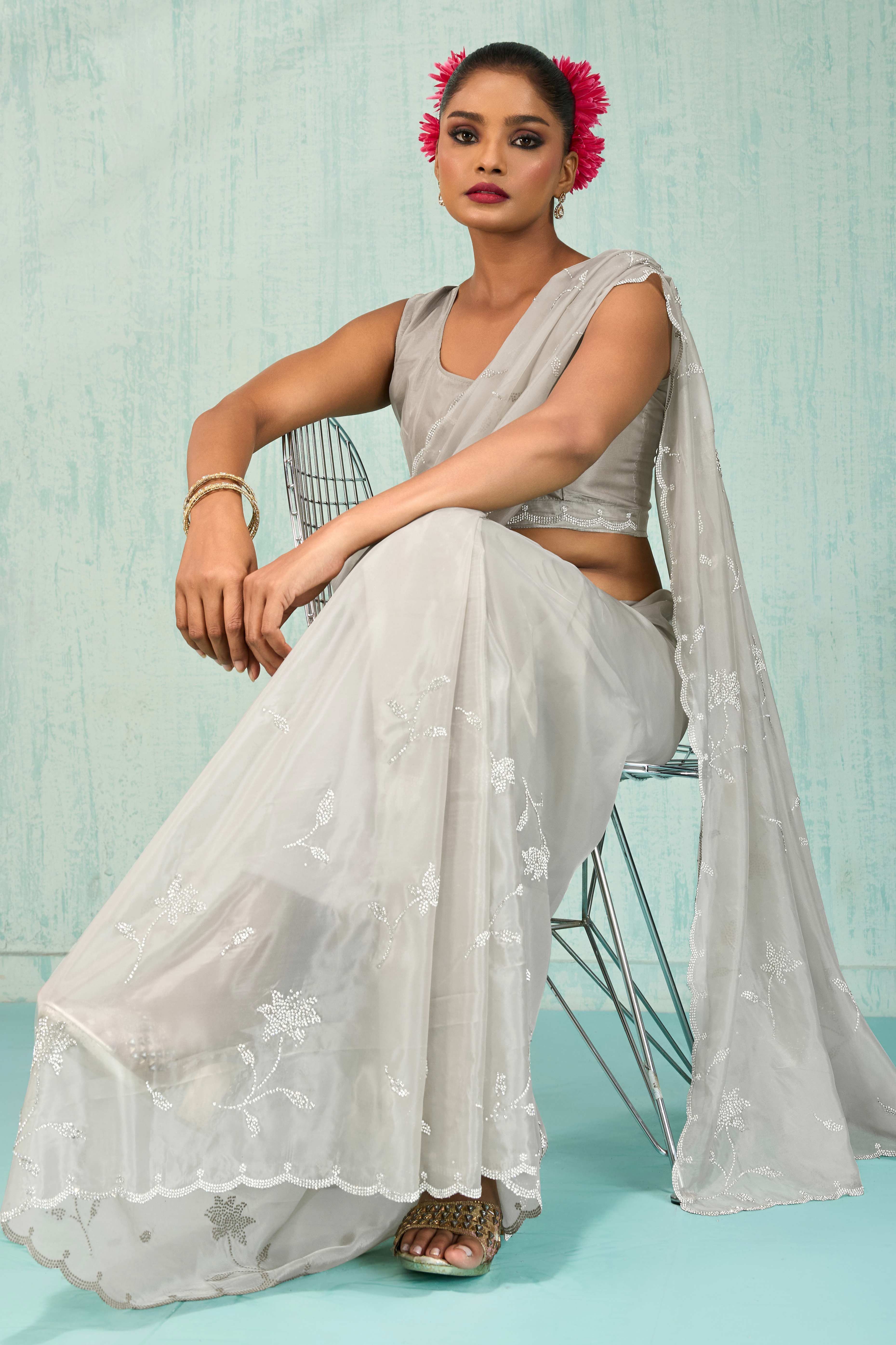 Grey Embellished Viscose Saree Featuring Luxe Crystal Detailing