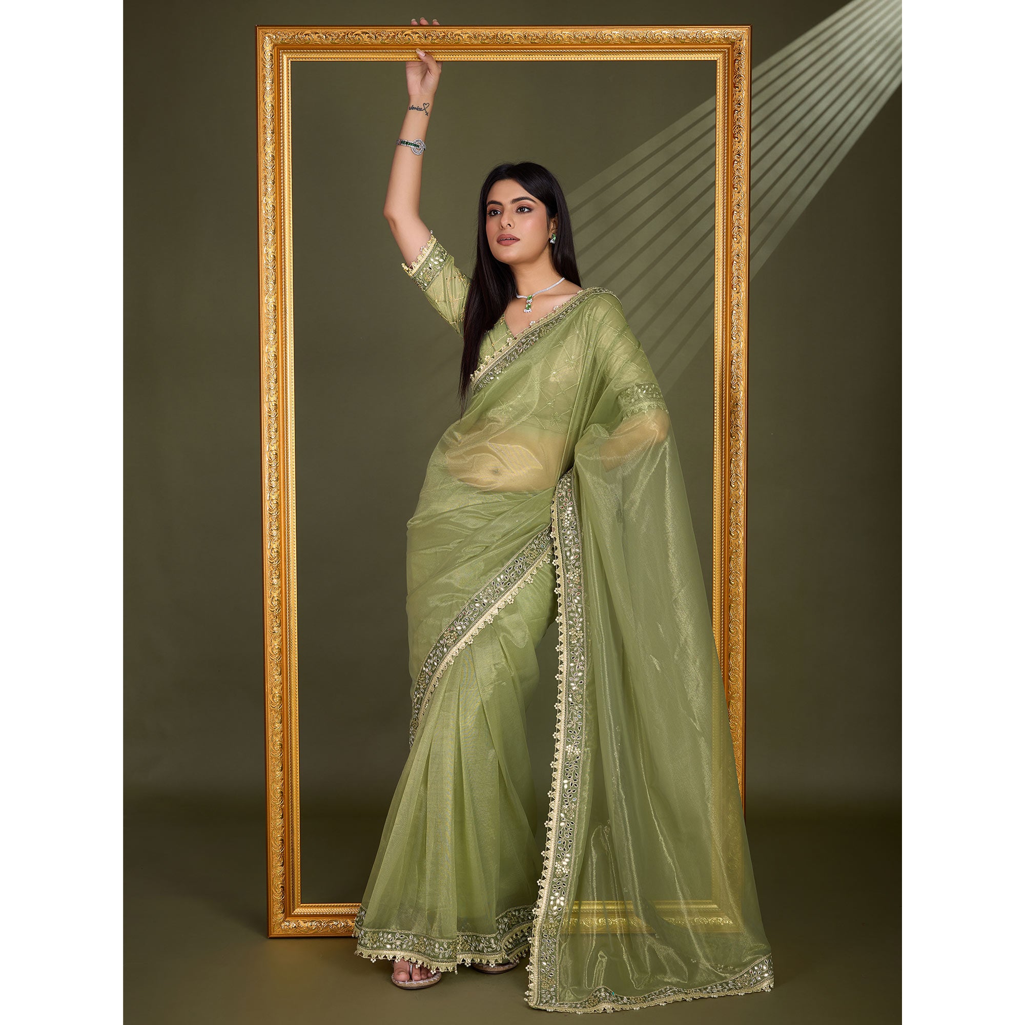 Green Sequins Embroidery With Mirror Handwork Twill Net Saree