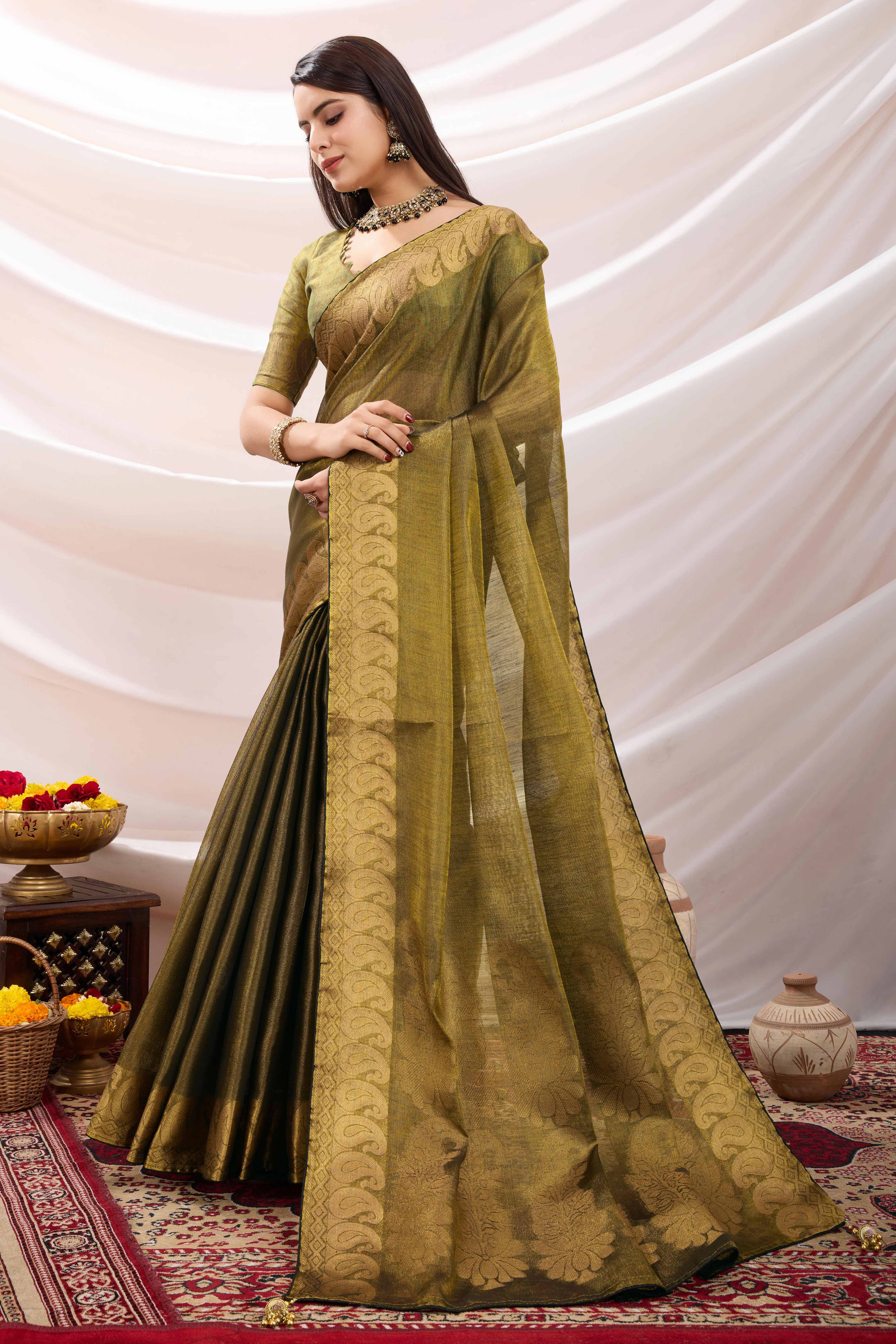 Green Festive Linen Tissue Saree with Zari Borders