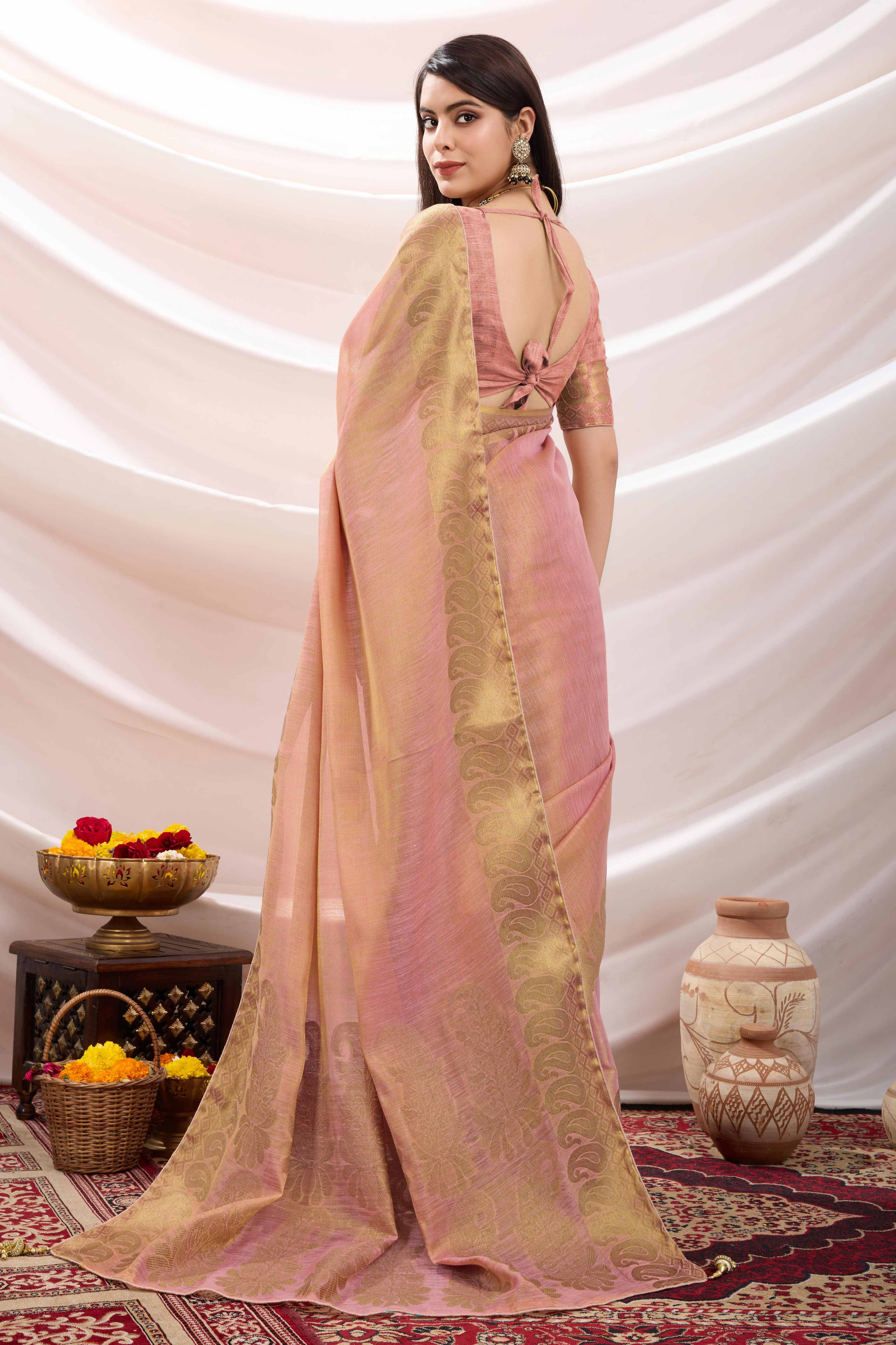 Pink Festive Linen Tissue Saree with Zari Borders