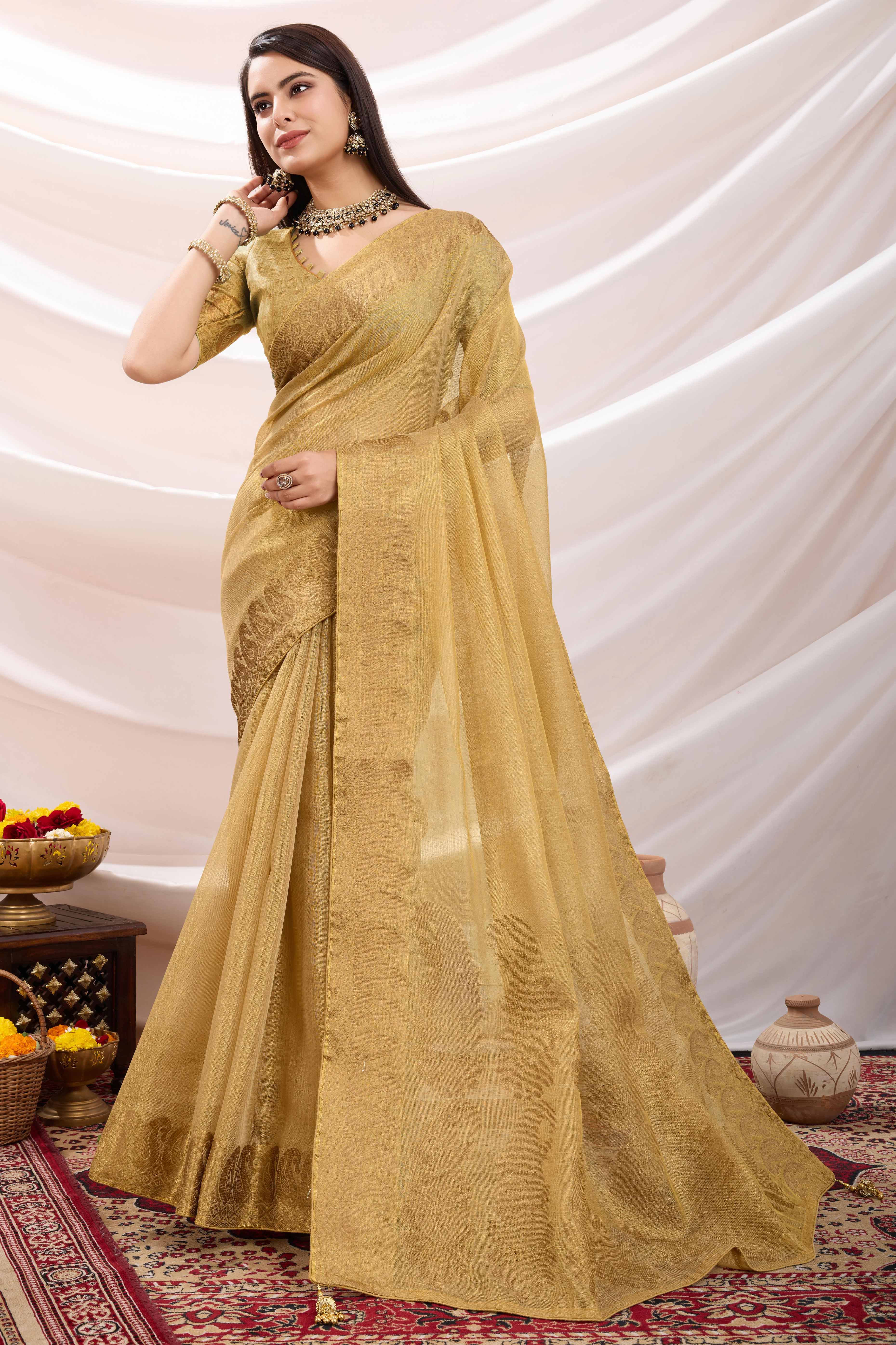 Beige Festive Linen Tissue Saree with Zari Borders