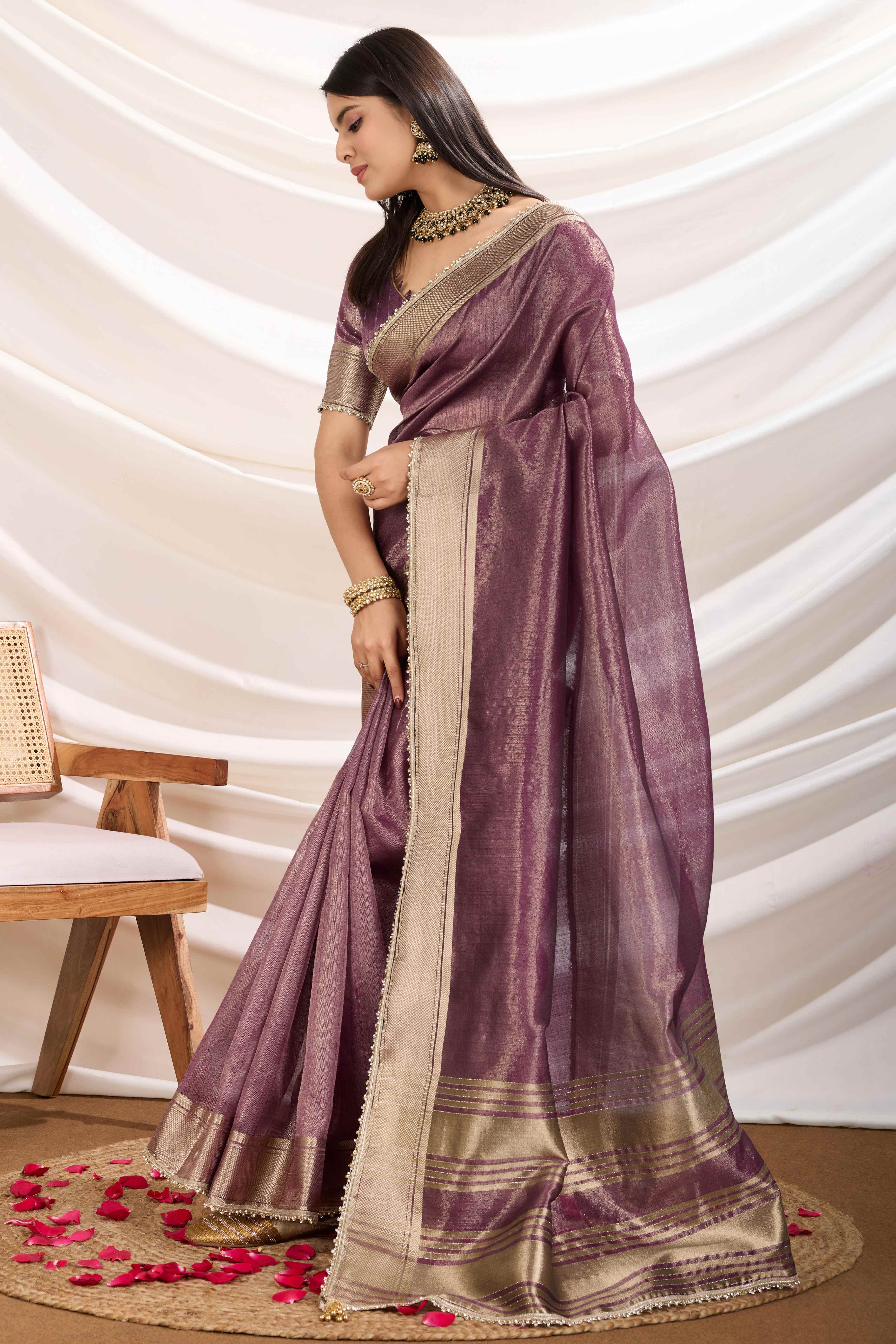 Purple Solid Linen Tissue Saree With Weaving & Zarkan Lace Border