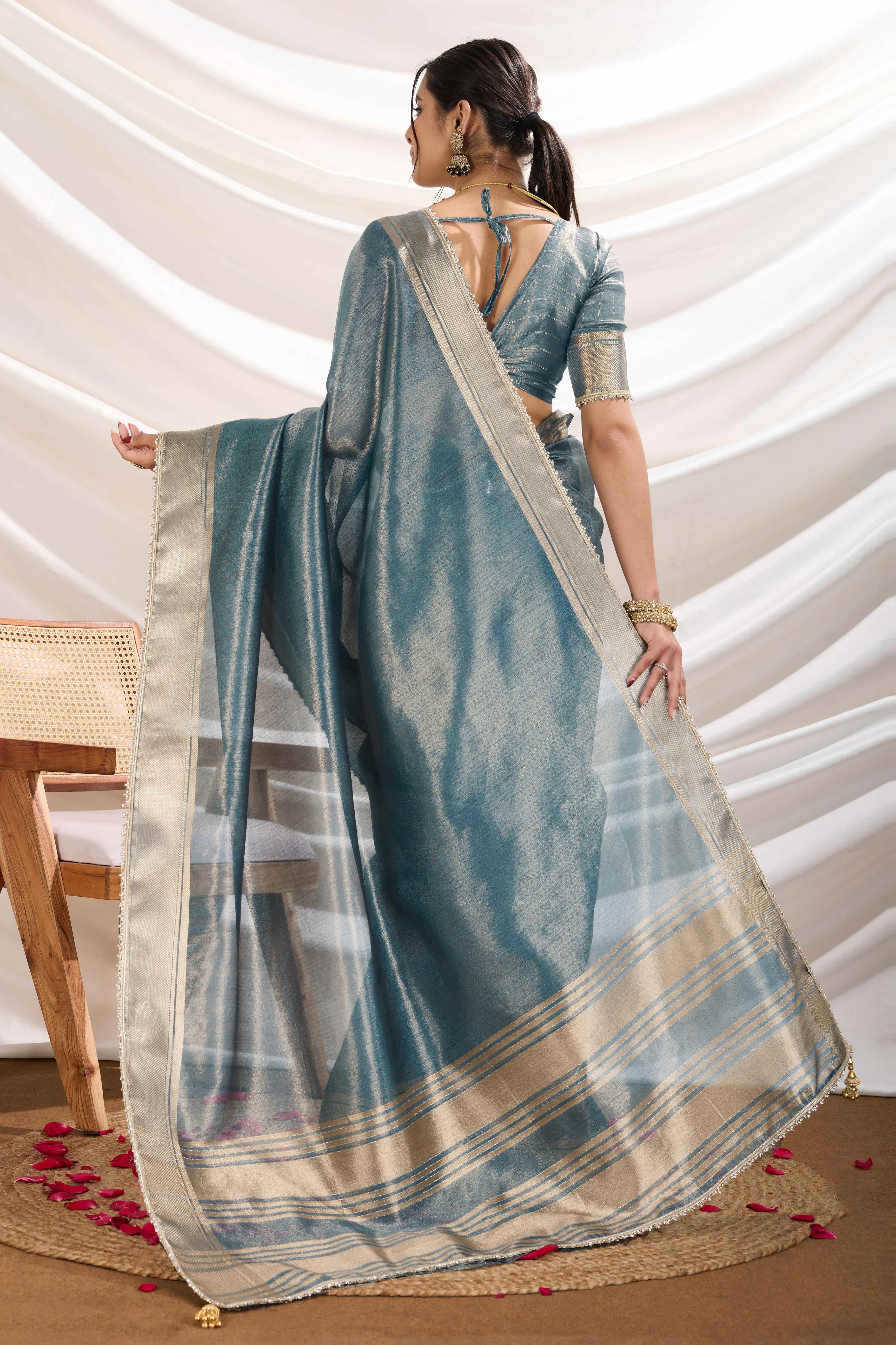 Blue Solid Linen Tissue Saree With Weaving & Zarkan Lace Border