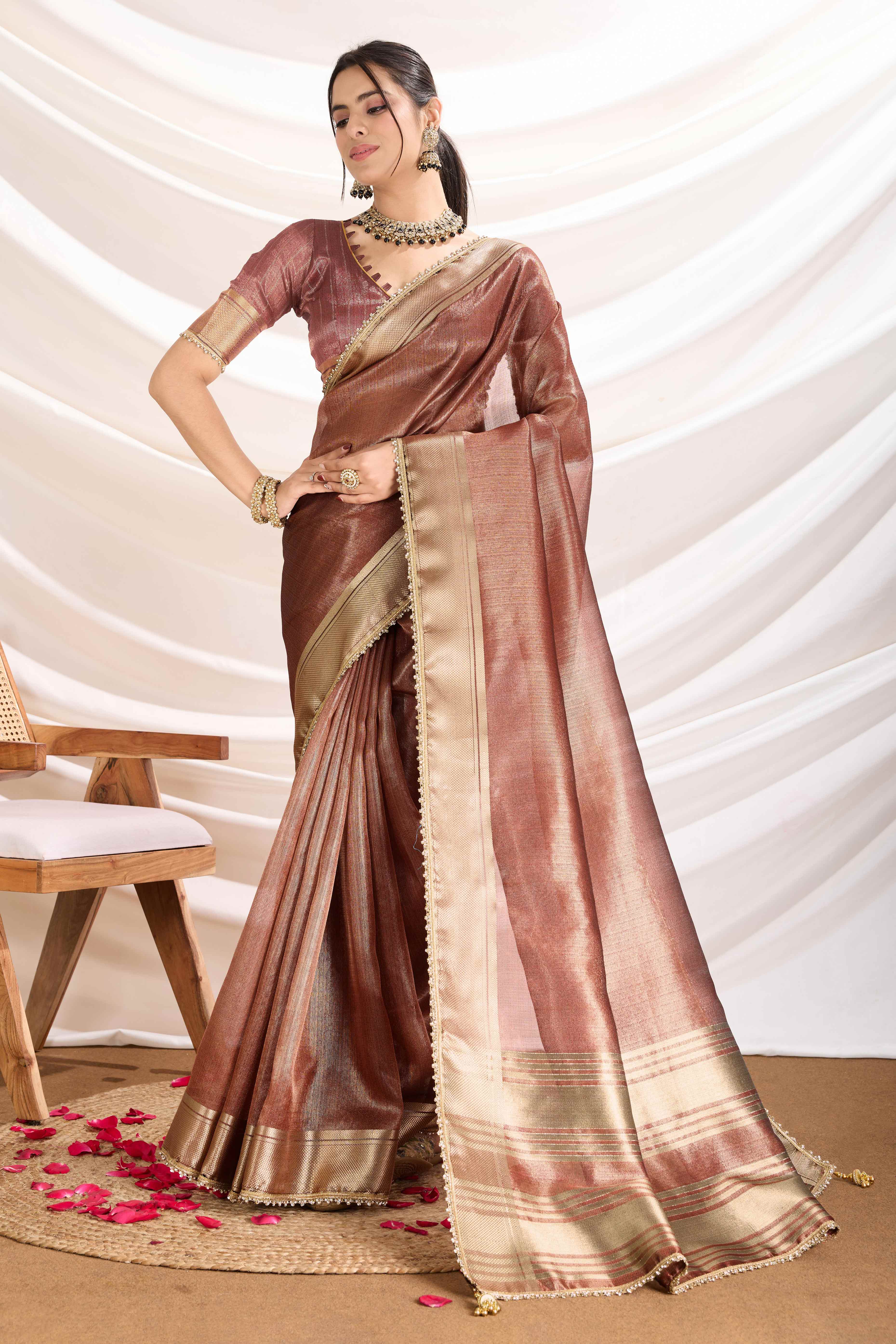 Brown Solid Linen Tissue Saree With Weaving & Zarkan Lace Border