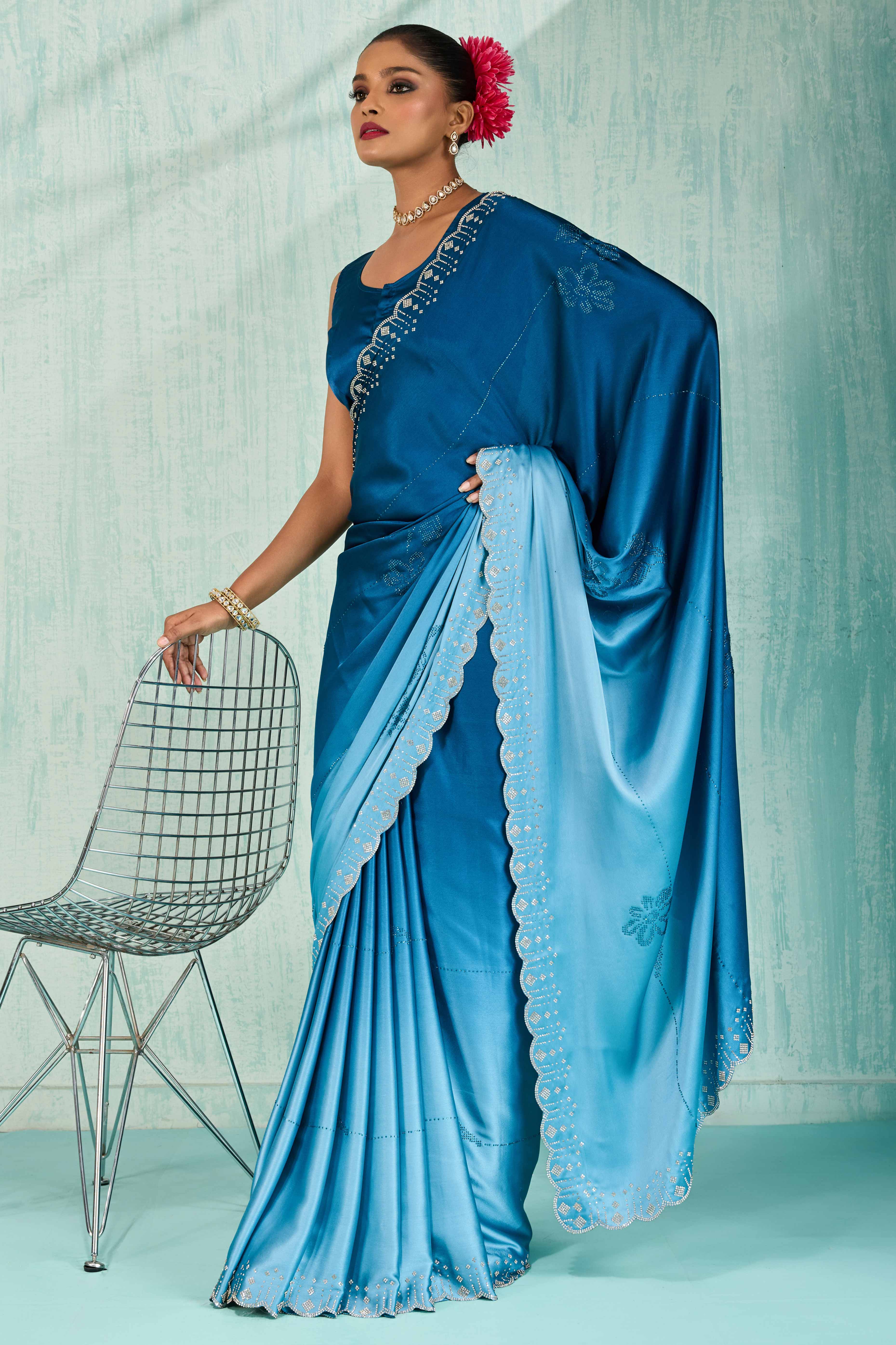 Morpich Blue Satin Ombre Saree Adorned With Rhinestone Crystal Handwork & Elegant Scalloped Border