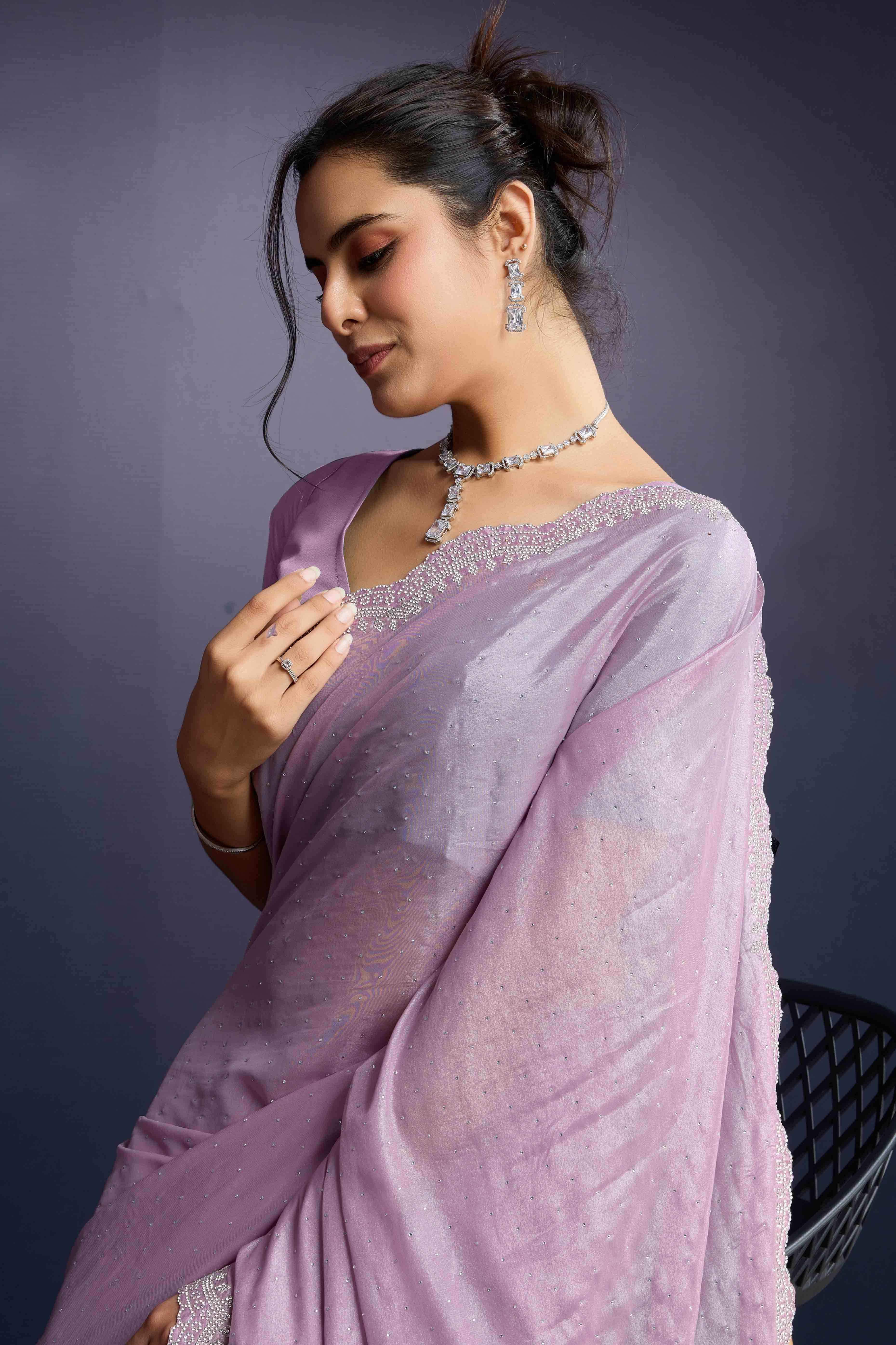 Pink Swarovski Work Embellished Georgette Saree