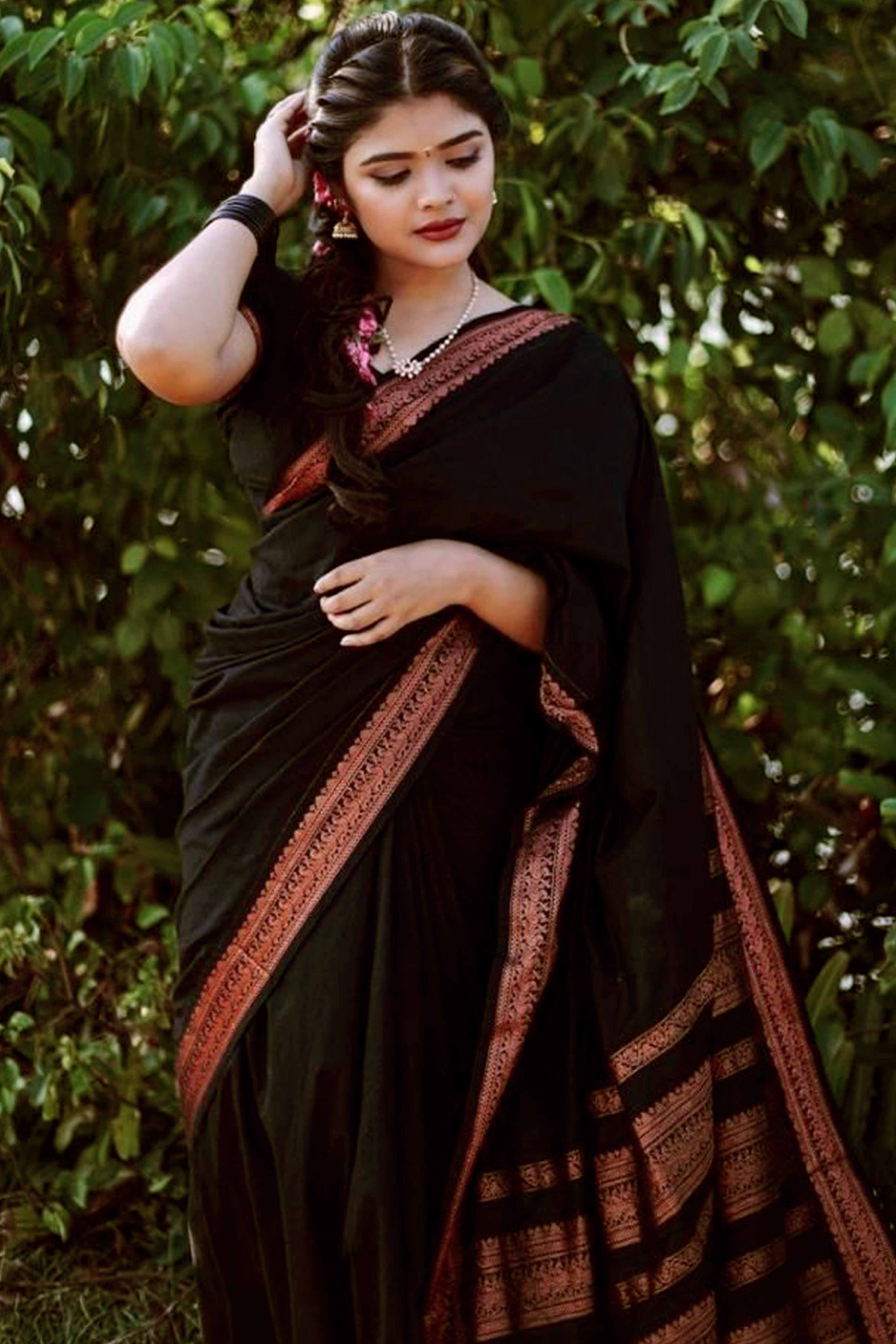 Black Banarasi Silk Saree with Zari Woven Border Design
