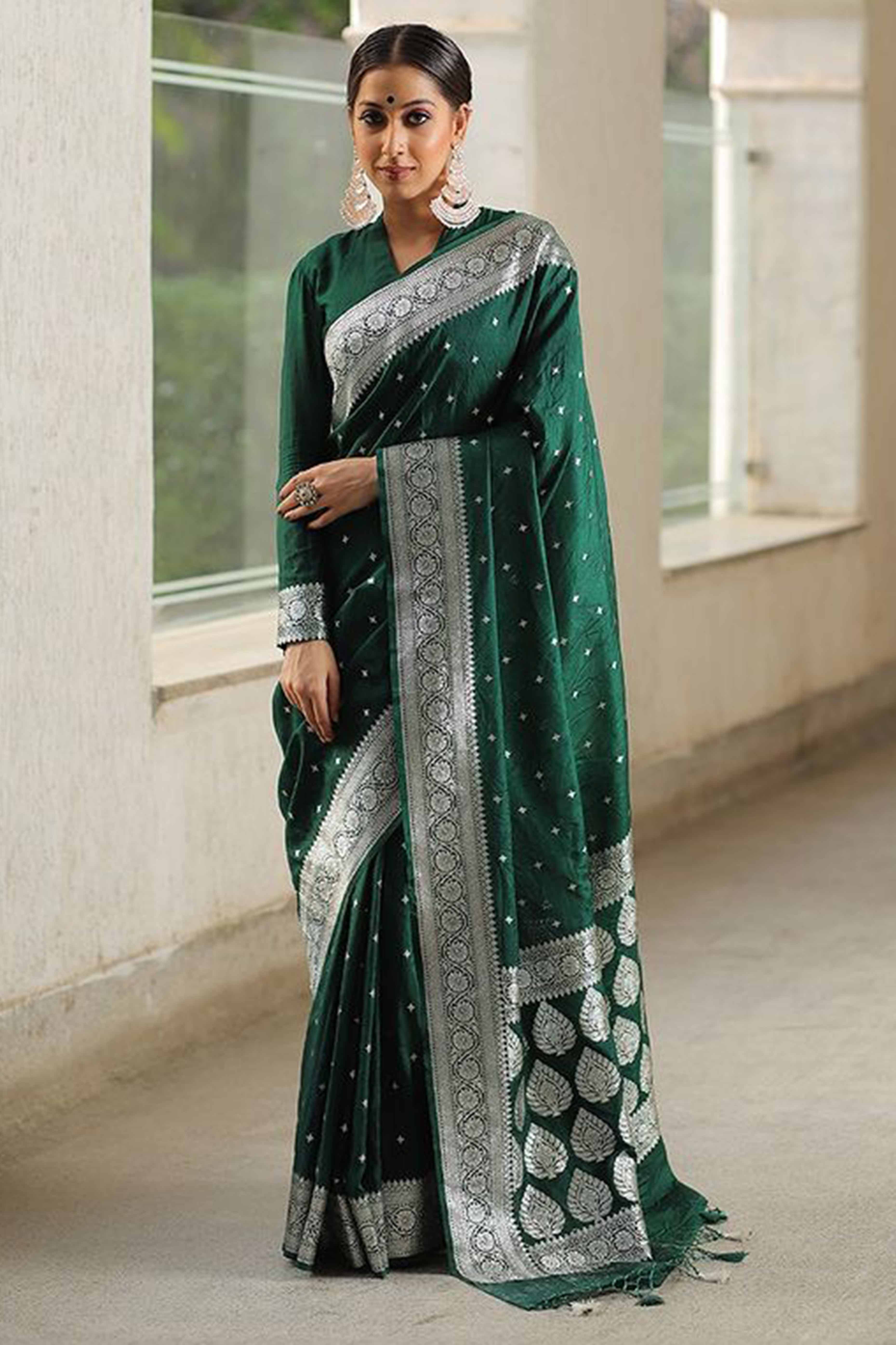 Exquisite Green Floral Woven Lichi Banarasi Silk Saree With Tassel & Artisanal Weaving