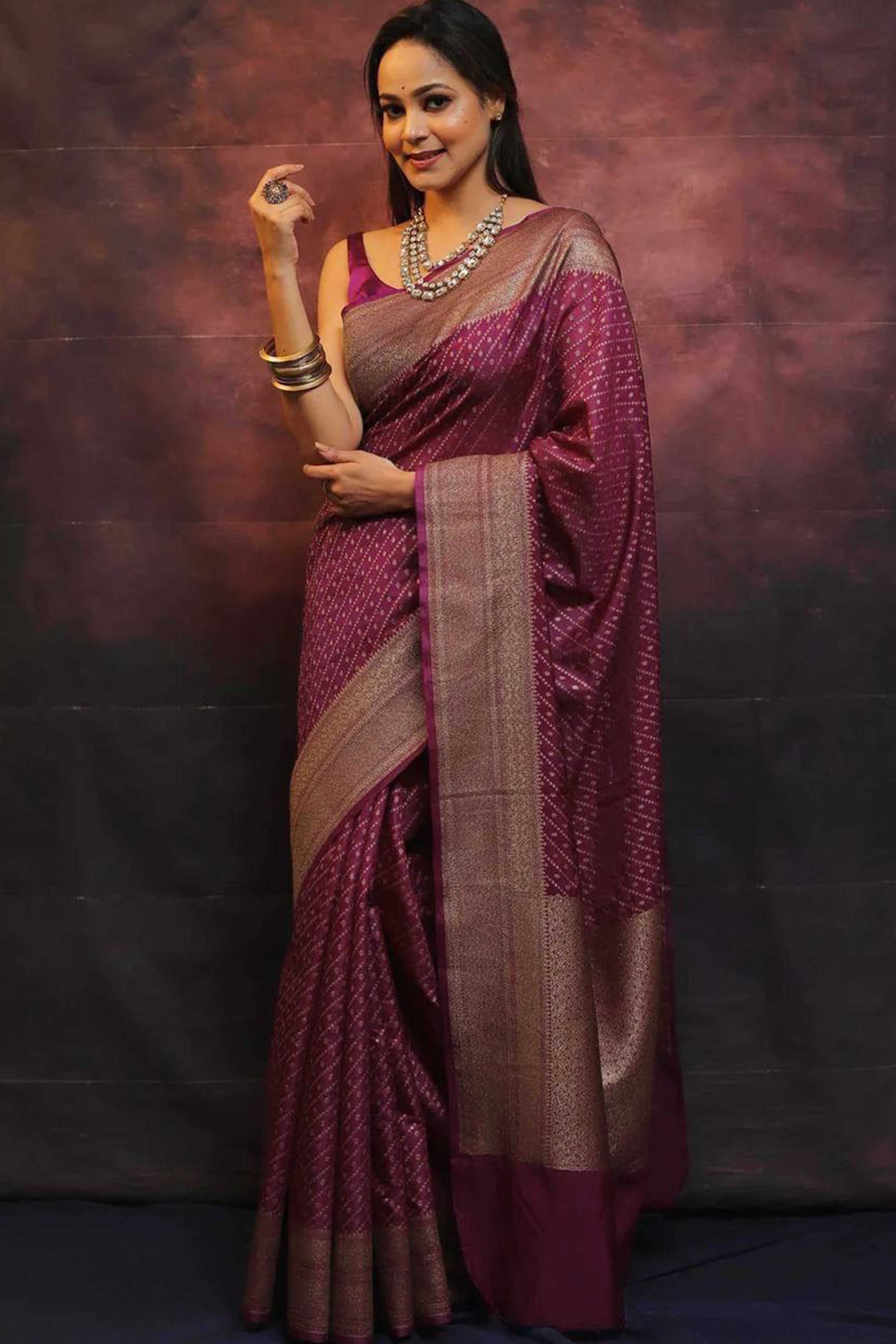 Luxurious Wine Zari Woven Lichi Banarasi Silk Saree