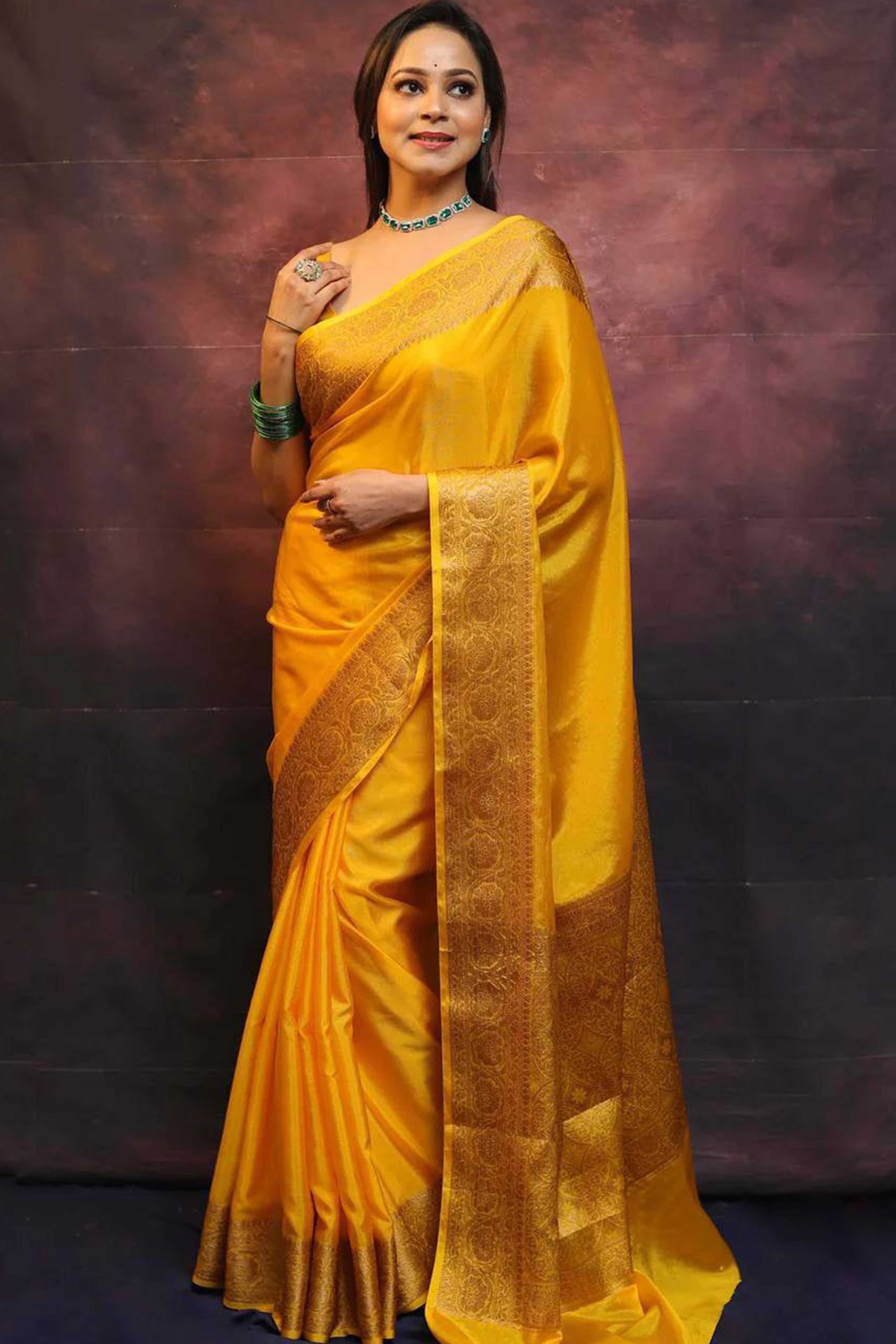 Mustard Floral Woven Lichi Banarasi Silk Saree