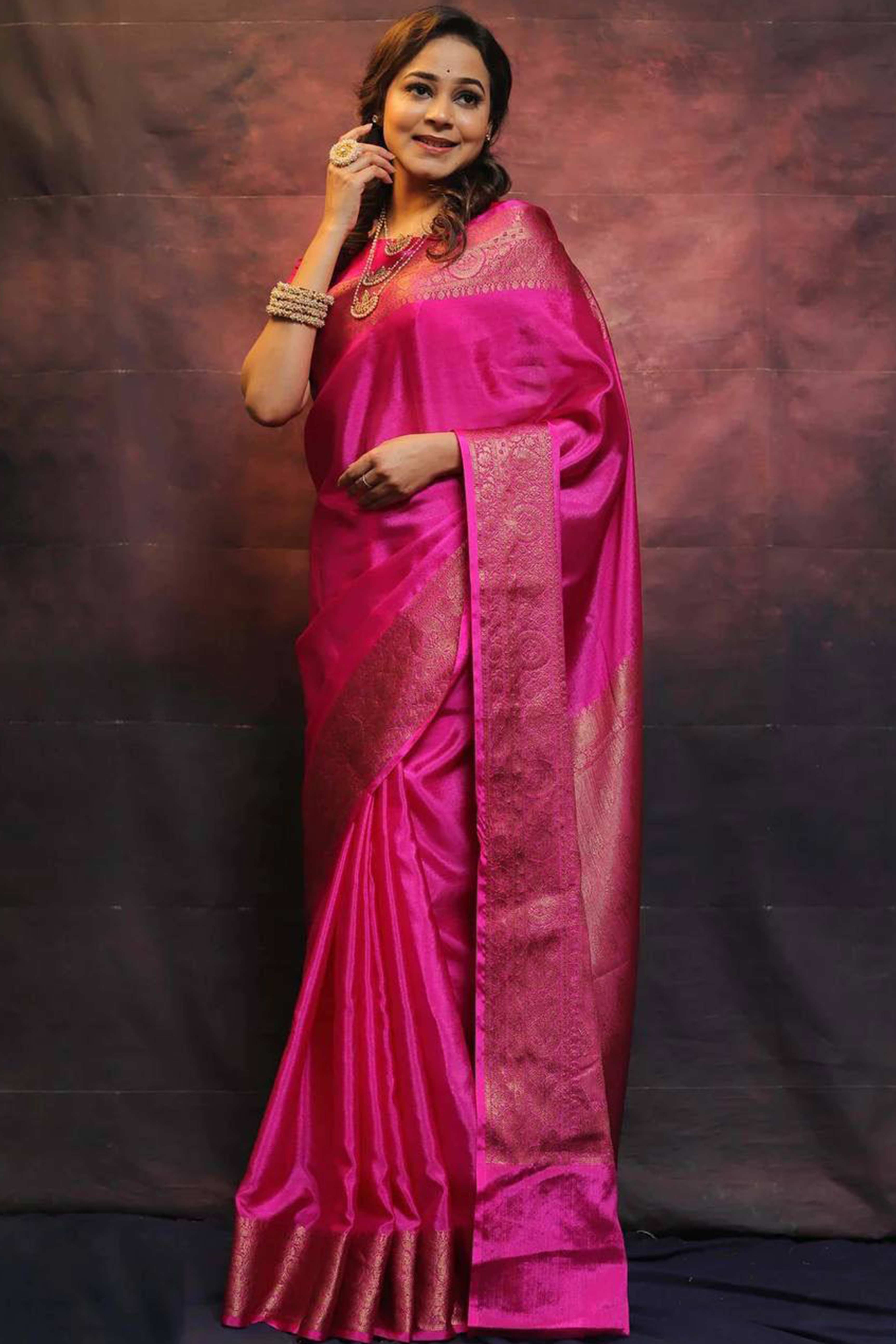 Pink Floral Woven Lichi Banarasi Silk Saree