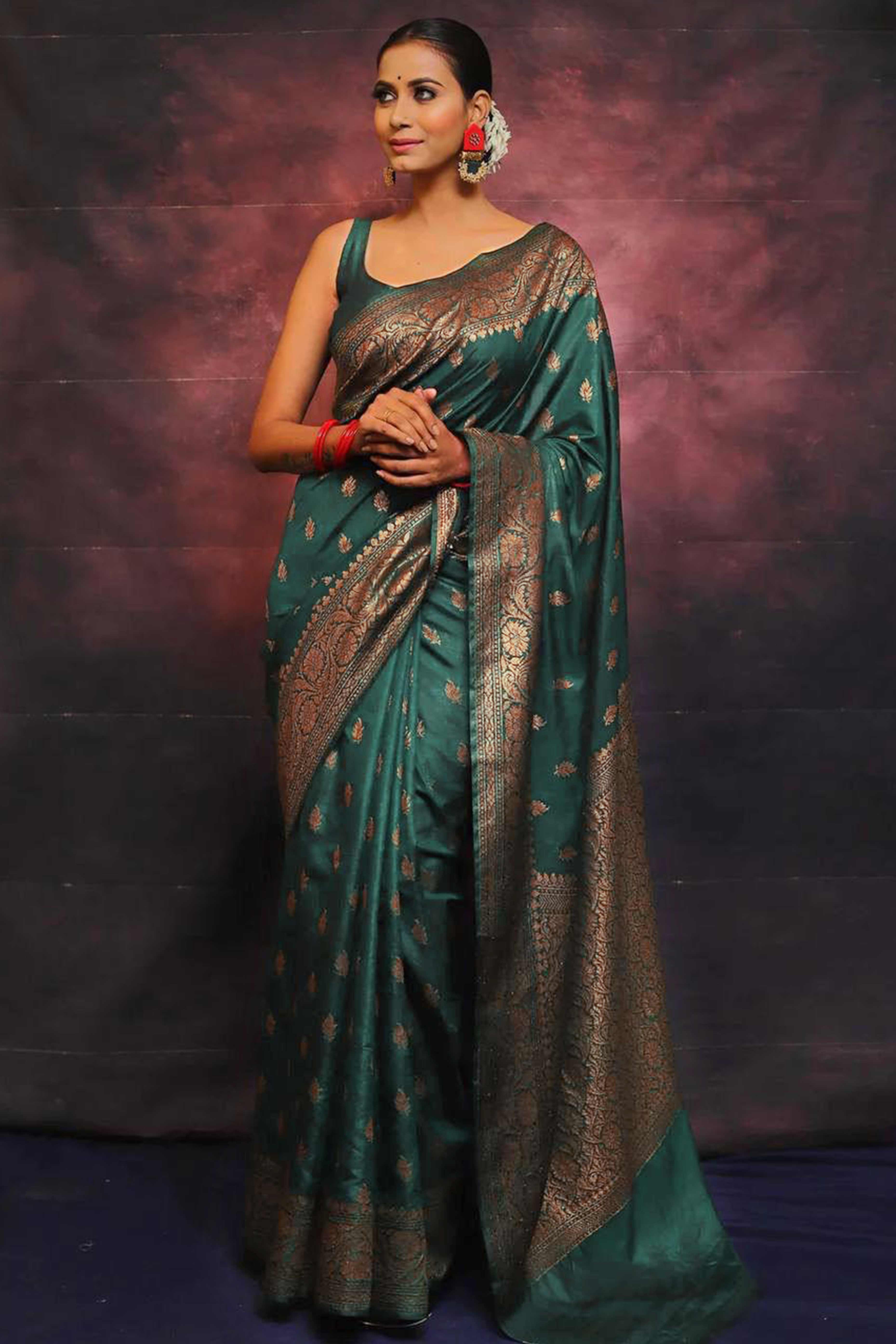 Green Organic Banarasi Silk Saree with Floral Zari Ornamentation