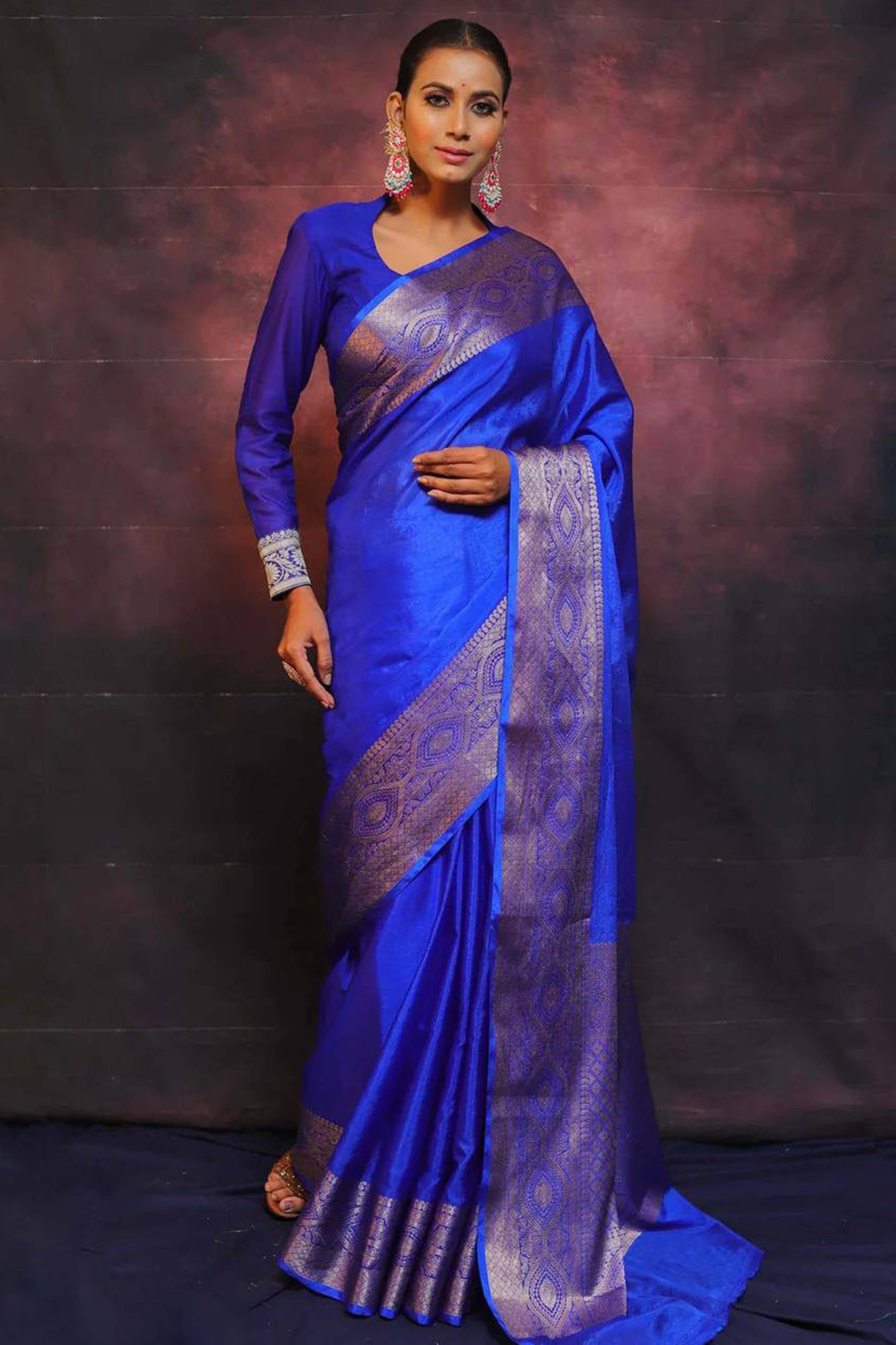 Majestic Royal Blue Floral Zari Woven Lichi Banarasi Silk Saree