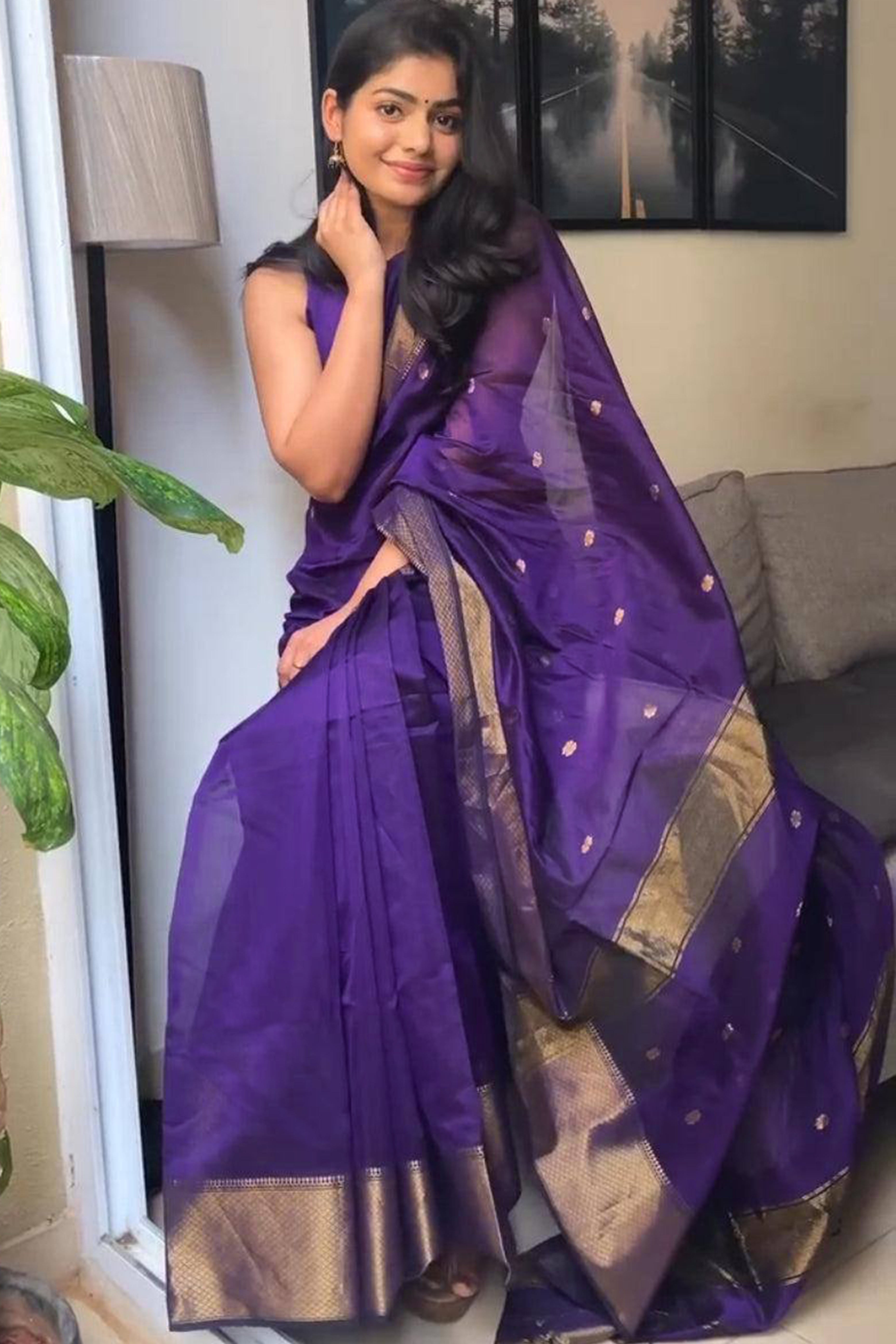 Elegant Purple Floral Zari Woven Cotton Silk Saree