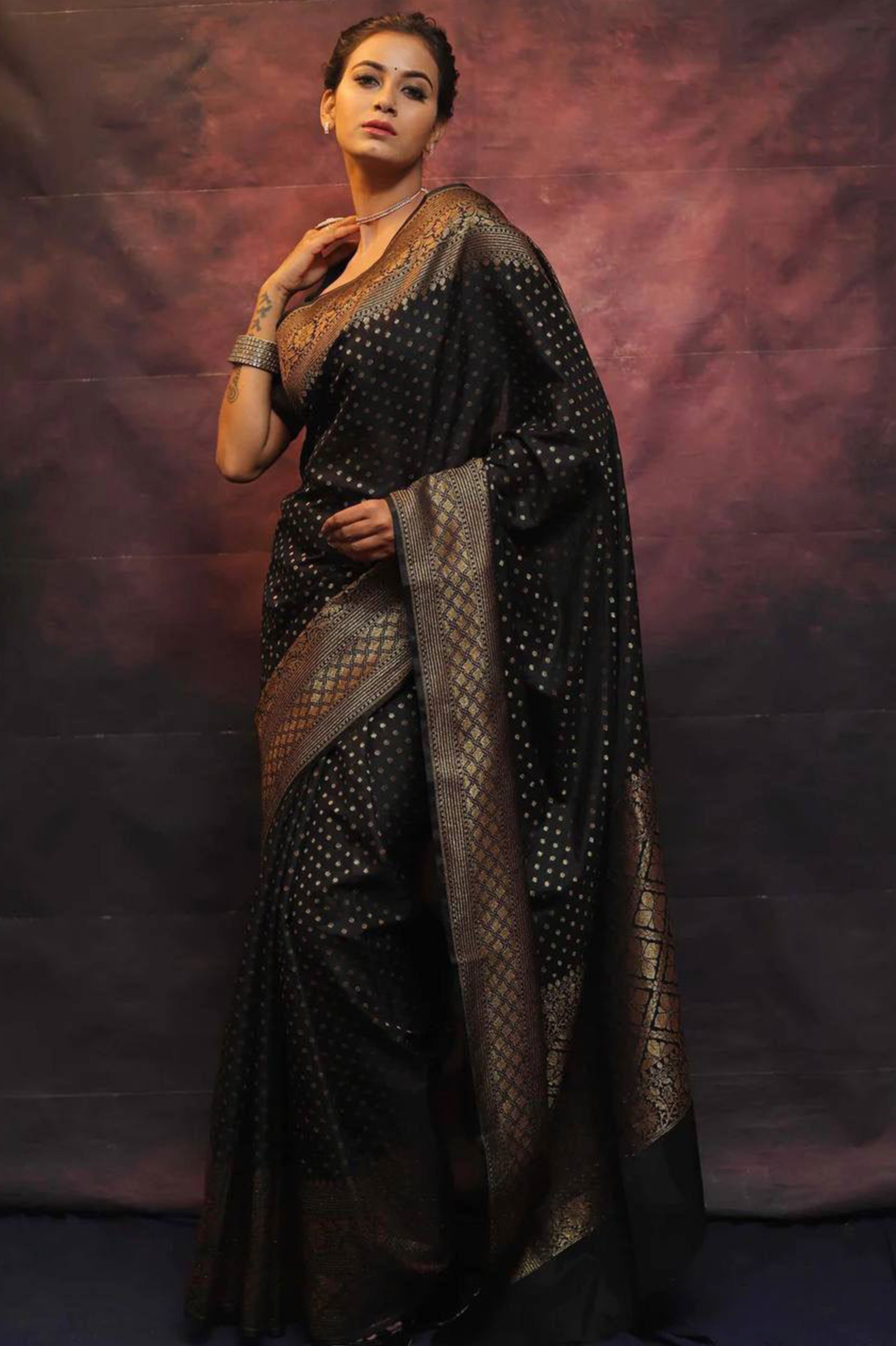 Black Floral Woven Lichi Banarasi Silk Saree