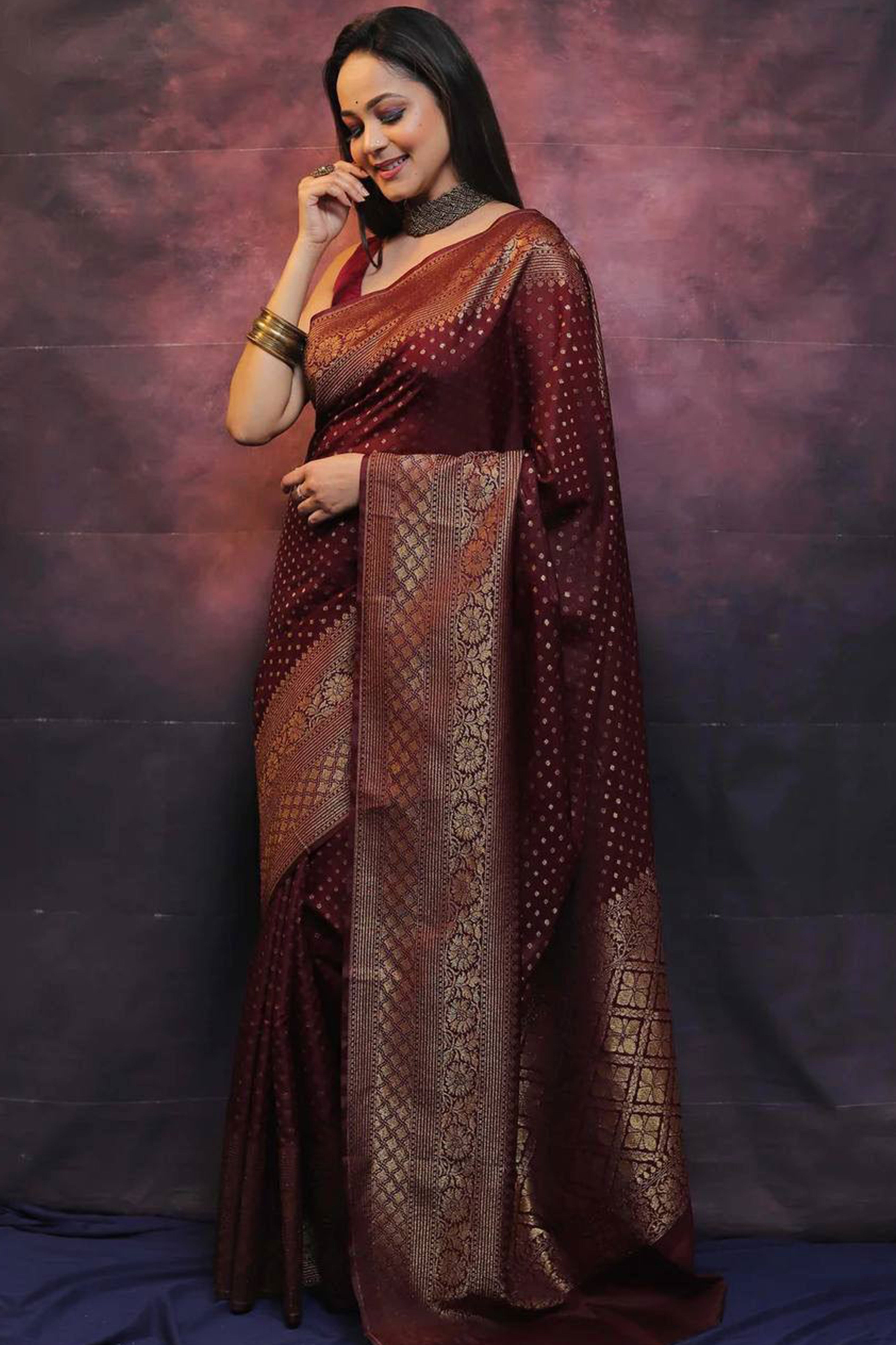 Maroon Floral Woven Lichi Banarasi Silk Saree