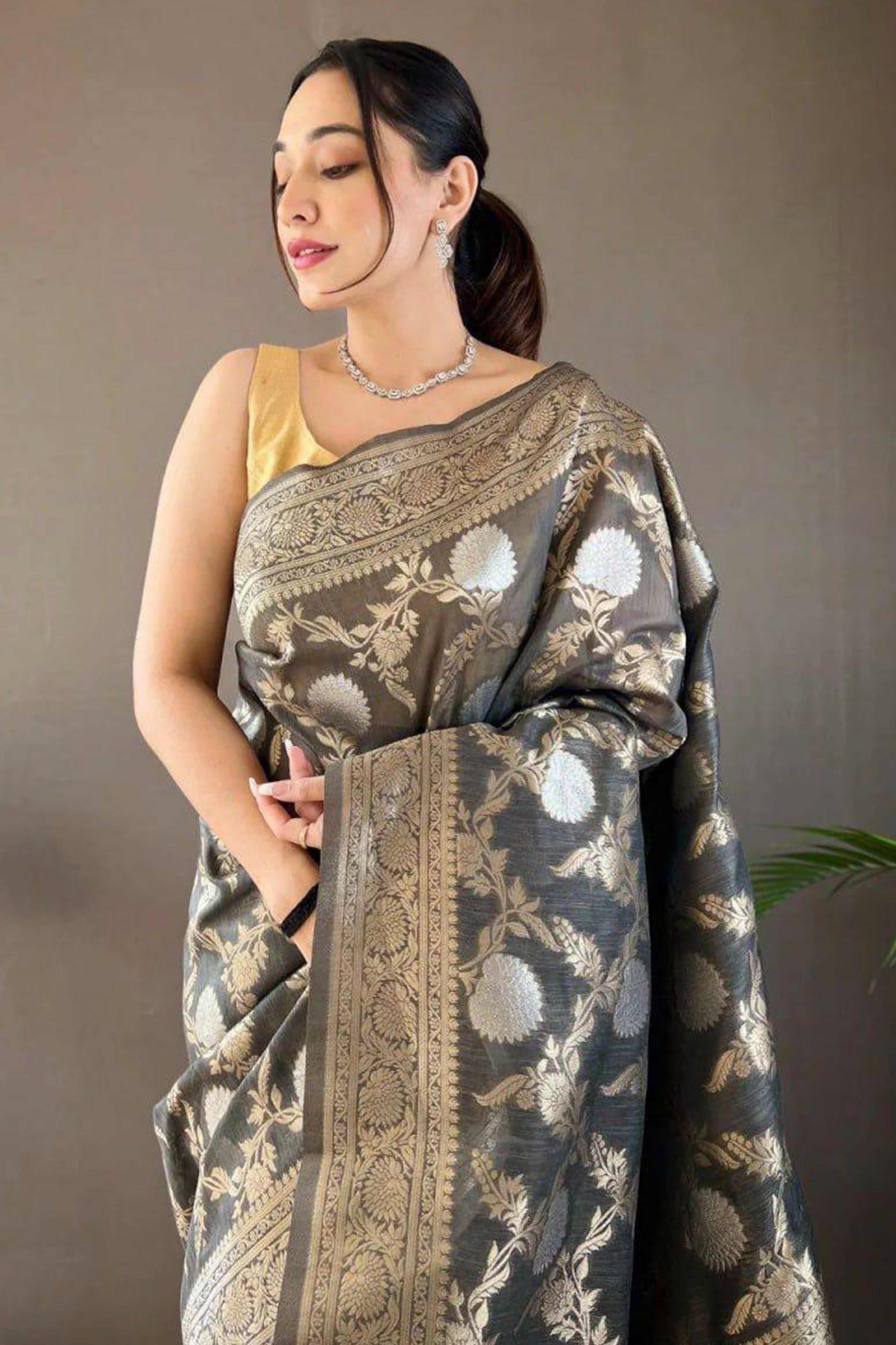 Grey Floral Woven Cotton Silk Saree