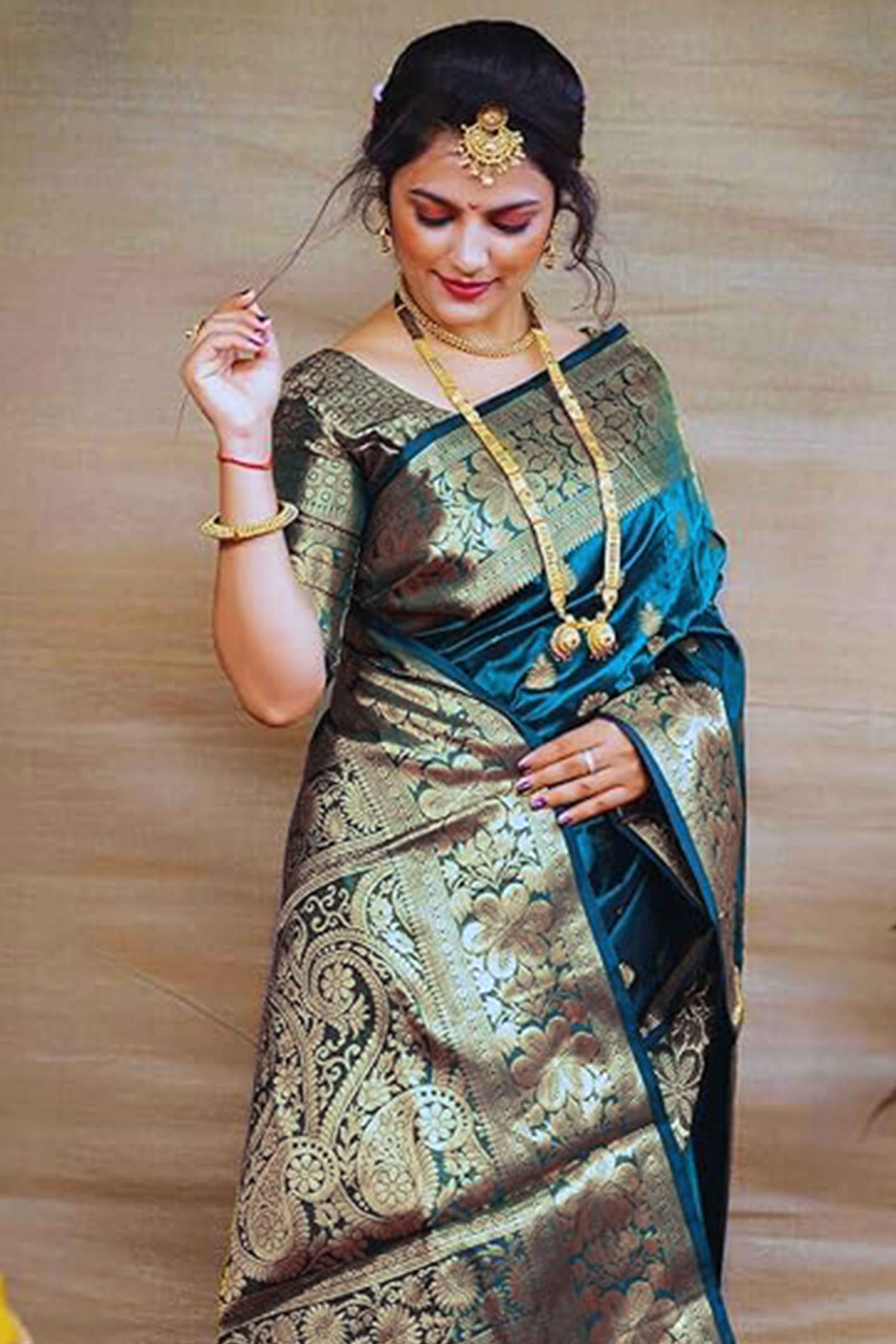 Teal Banarasi Silk Saree With Intricate Zari Butti Weaving
