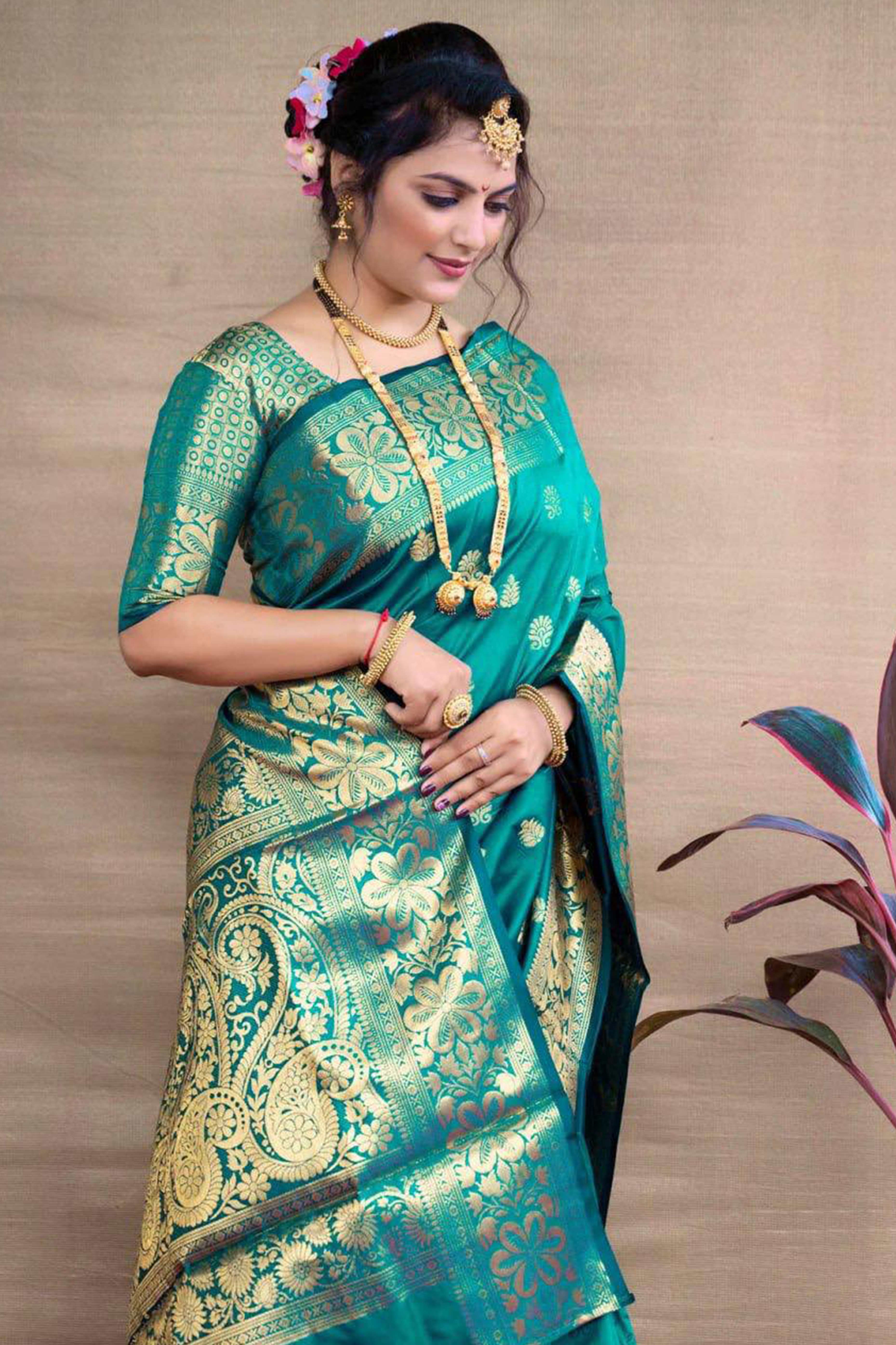 Turquoise Banarasi Silk Saree With Intricate Zari Butti Weaving