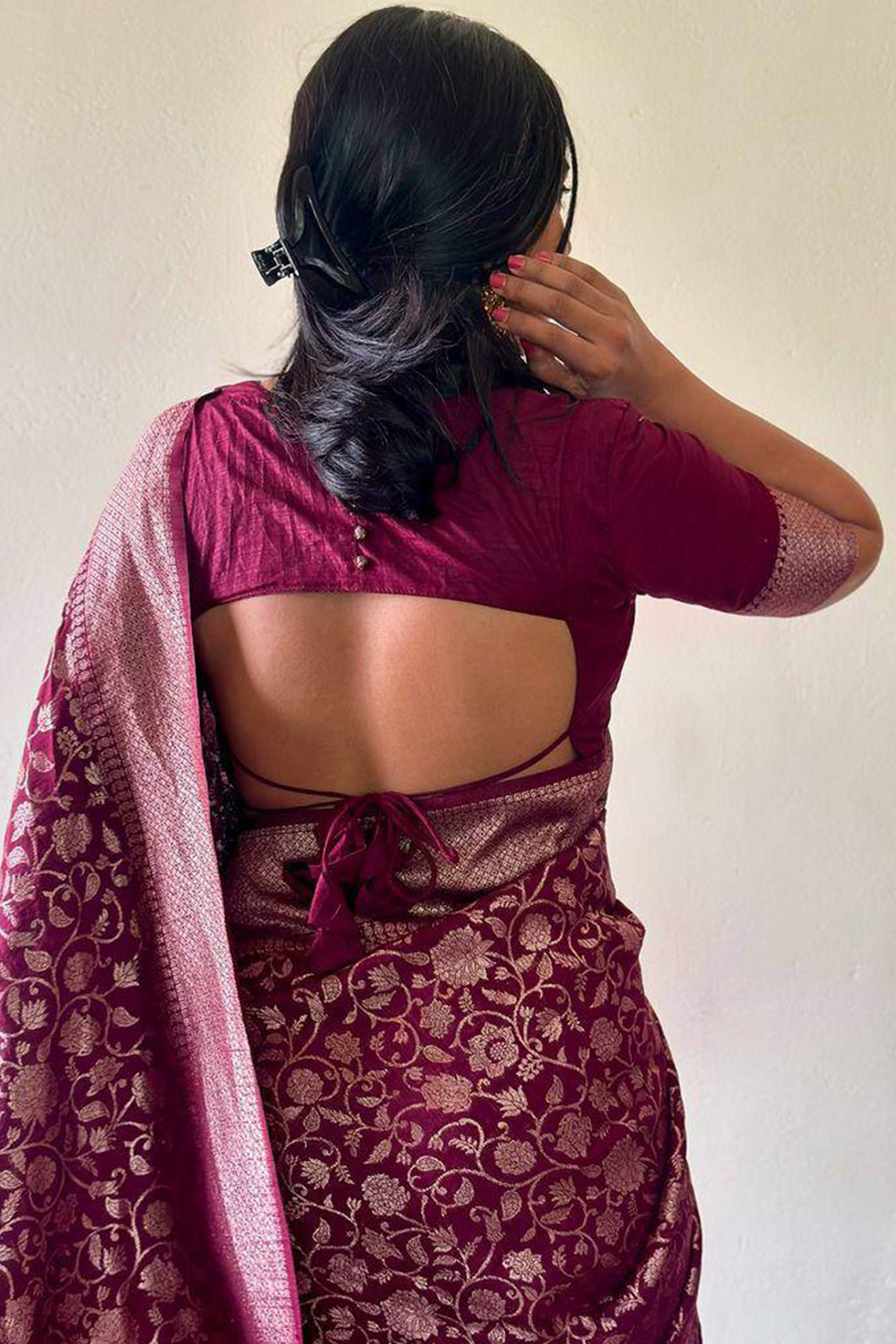 Wine Floral Woven Lichi Banarasi Silk Saree