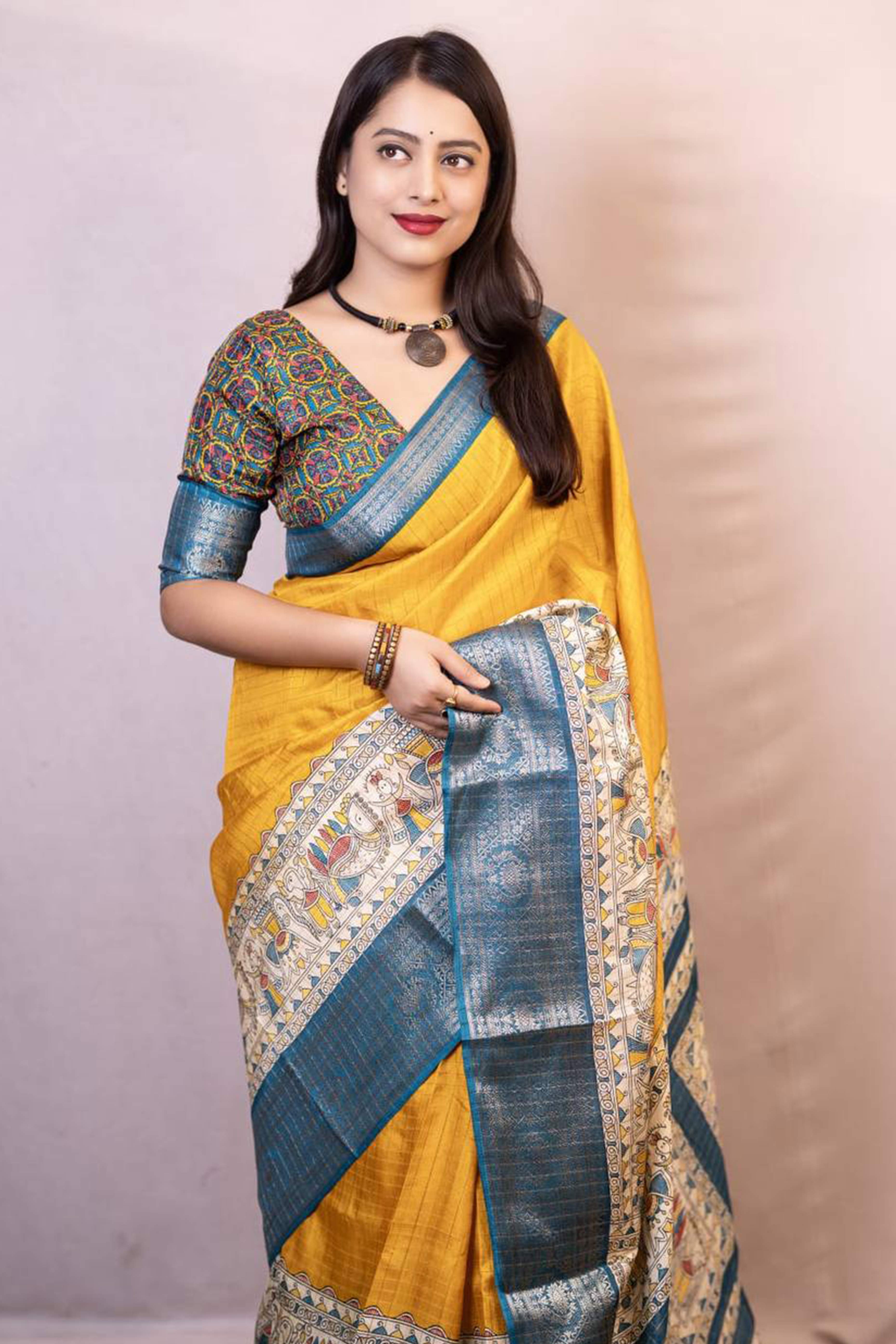Mustard Printed With Zari Checks Dola Silk Saree