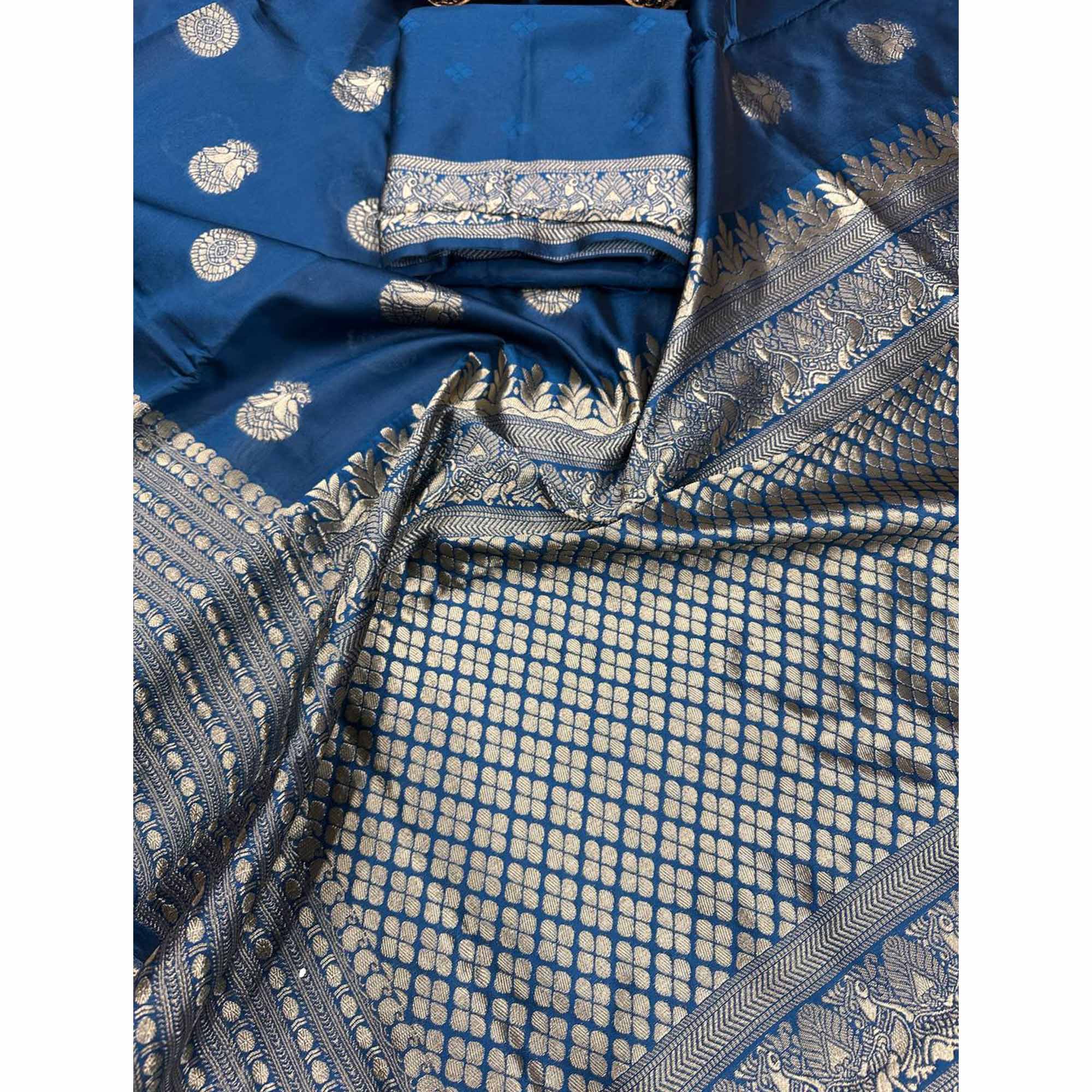 Morpich Blue Floral Woven Lichi Banarasi Silk Saree