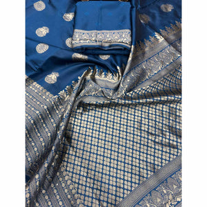 Morpich Blue Floral Woven Lichi Banarasi Silk Saree