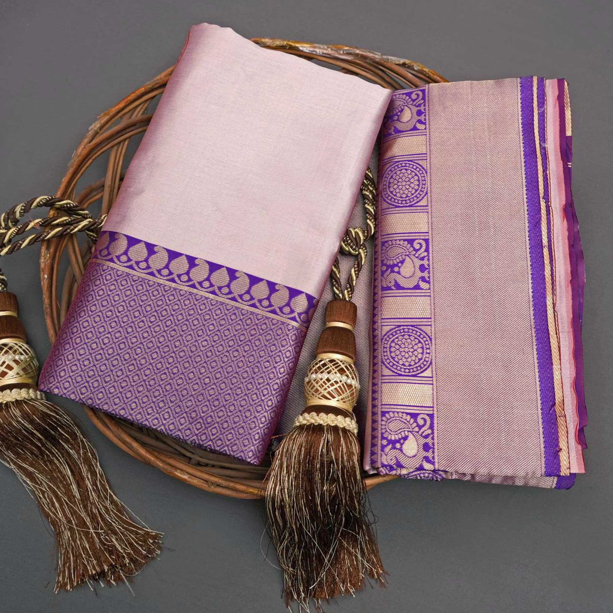 Peach Woven Lichi Banarasi Silk Saree