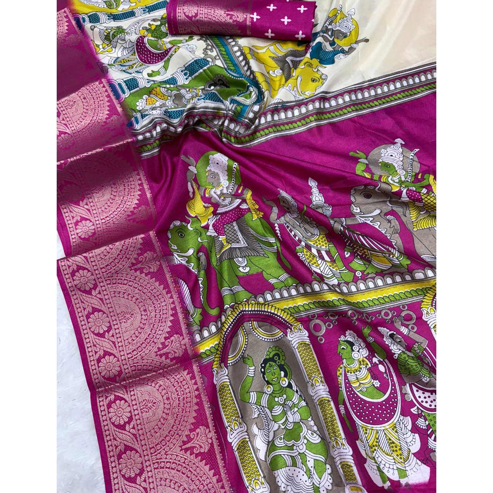 Off White Mangalagiri Patterned Dola Silk Saree Accentuated with Gleaming Zari Borders