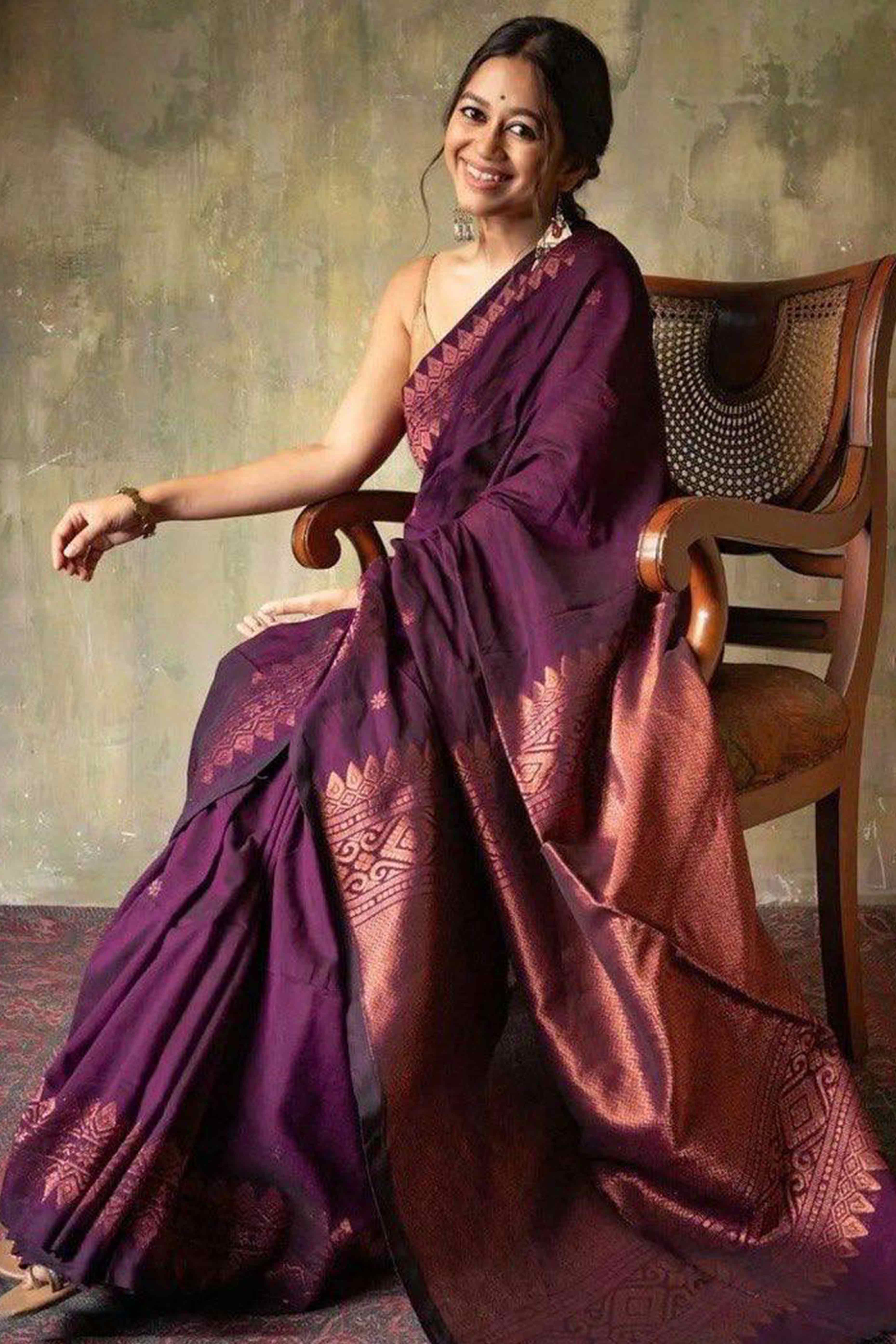 Wine Floral Woven Lichi Banarasi Silk Saree