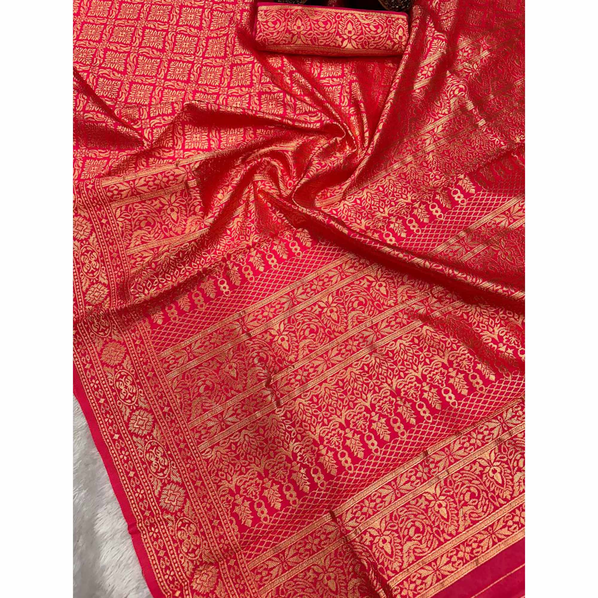 Pink Banarasi Silk Saree With Intricate Zari Floral Weaving