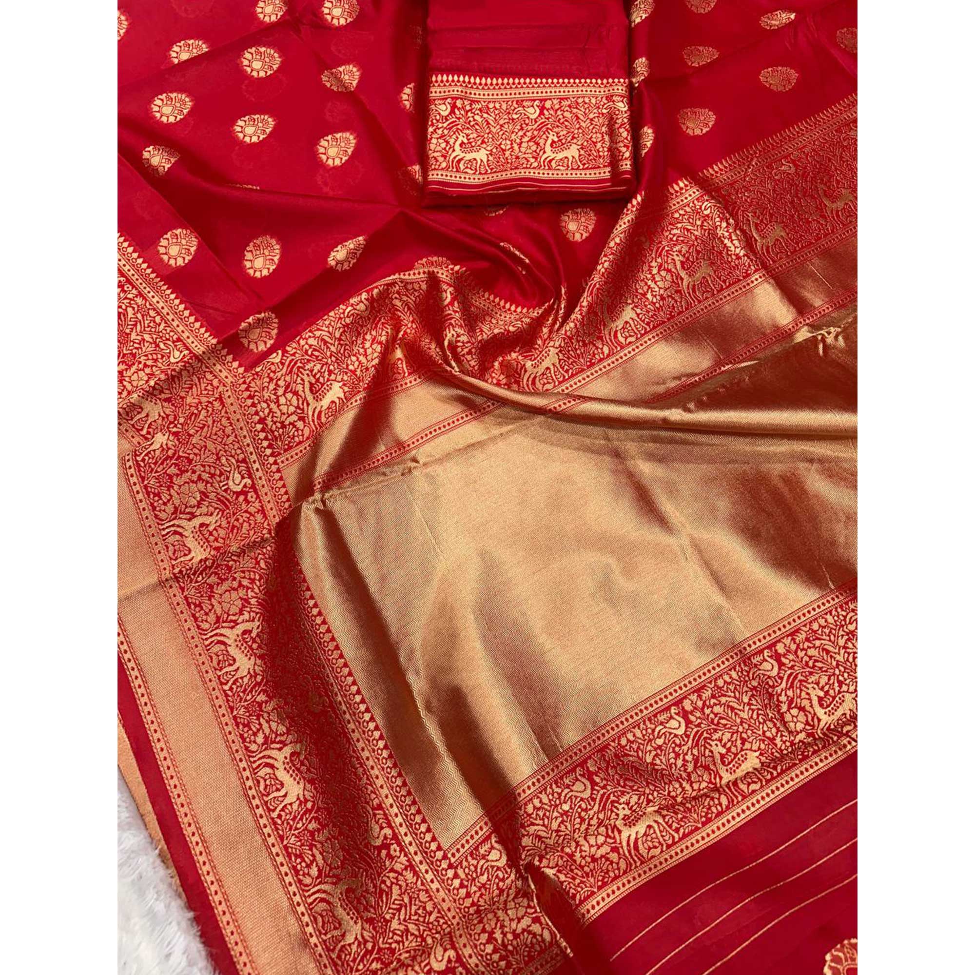 Radiant Red Banarasi Silk Saree With Intricate Zari Butti Weaving