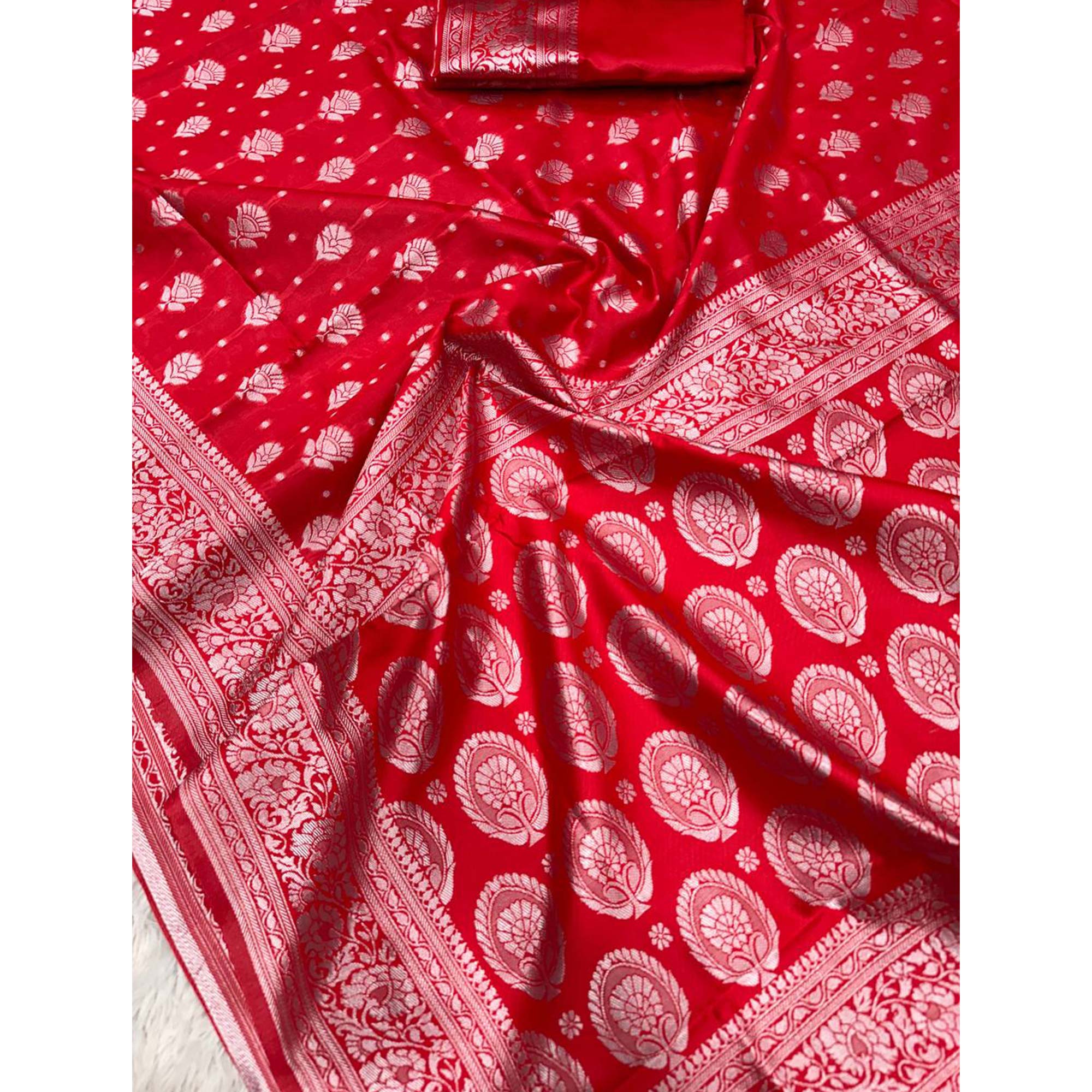 Red Floral Woven Lichi Banarasi Silk Saree