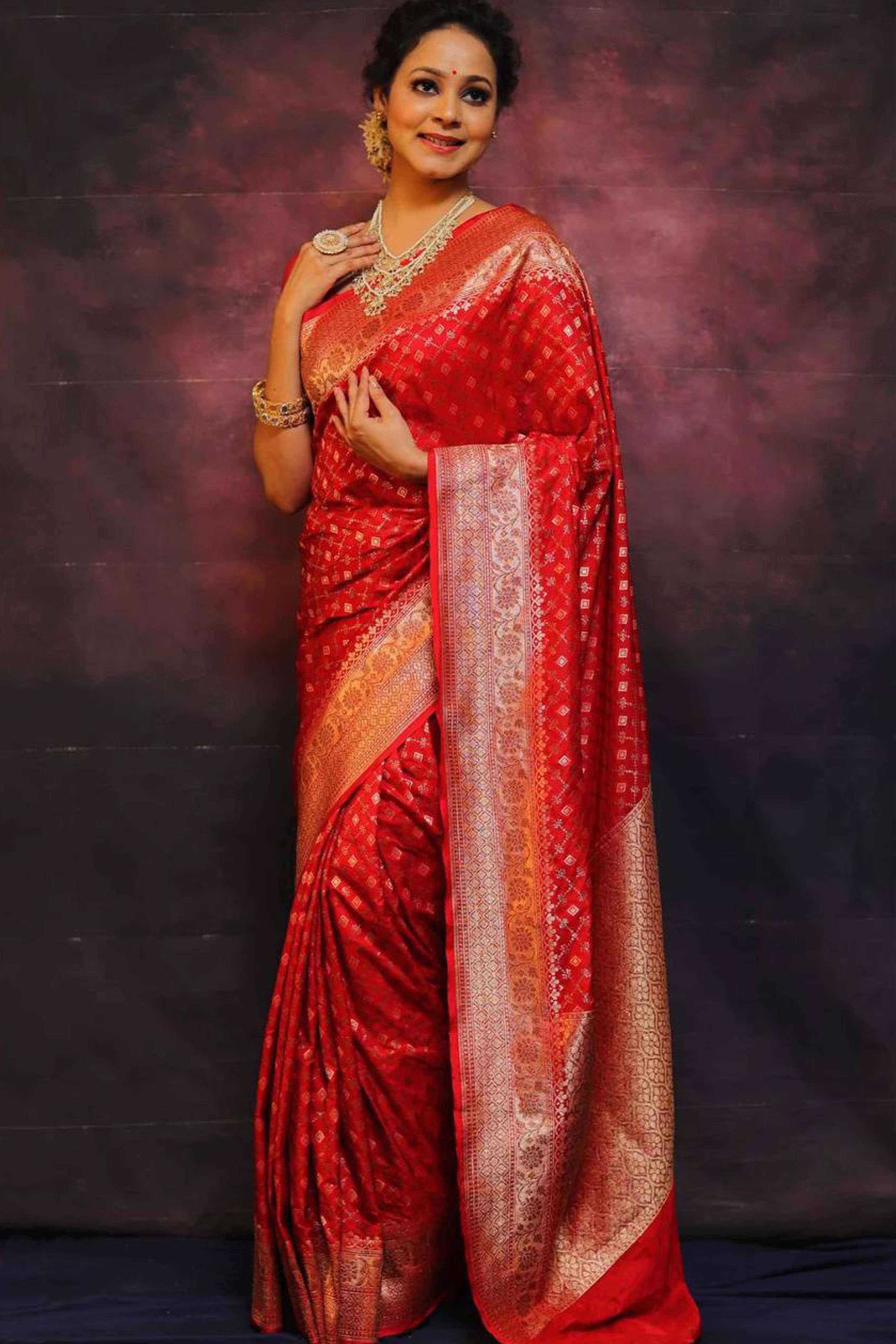 Red Floral Woven Lichi Banarasi Silk Saree