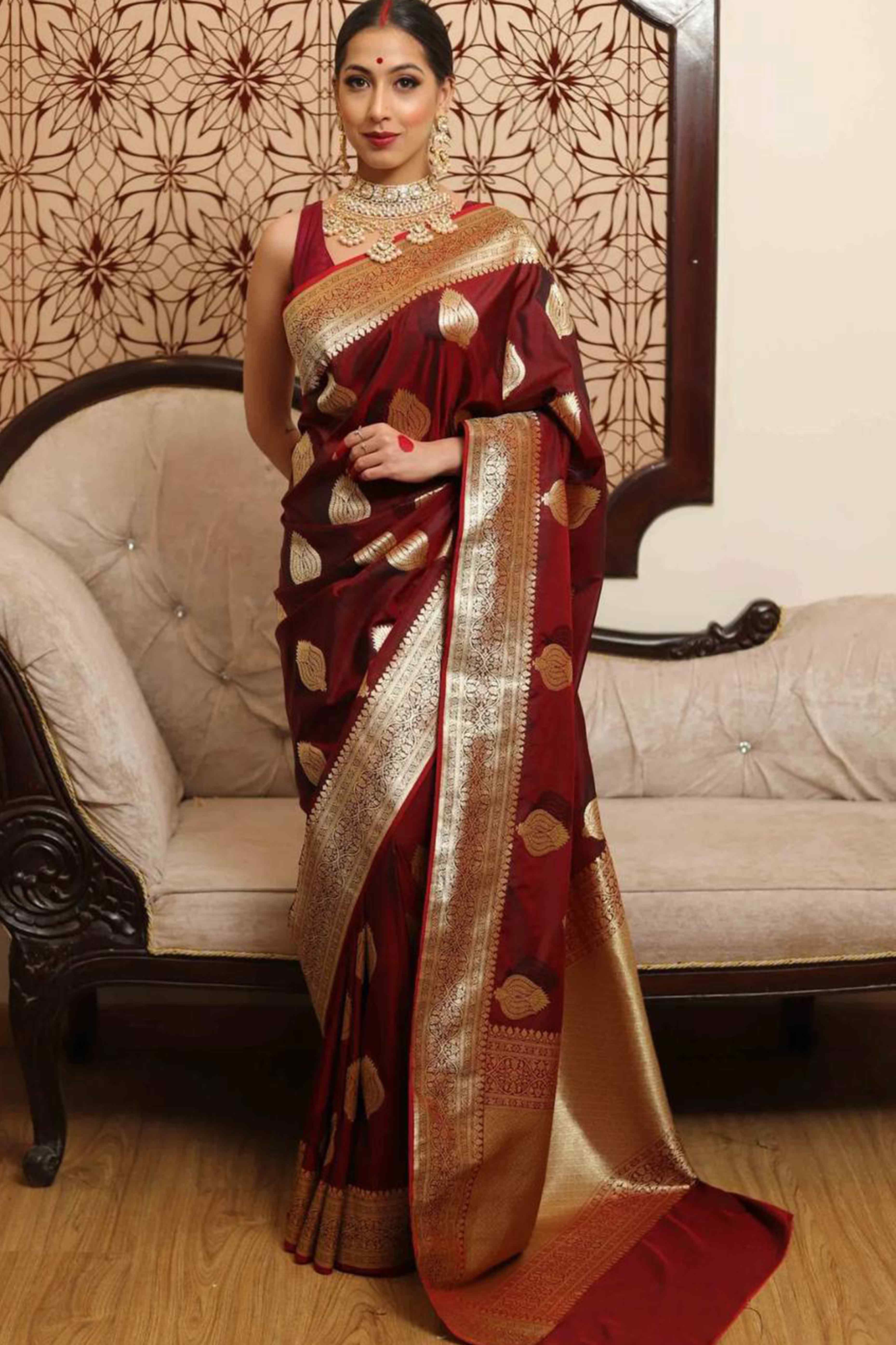 Maroon Floral Woven Lichi Banarasi Silk Saree