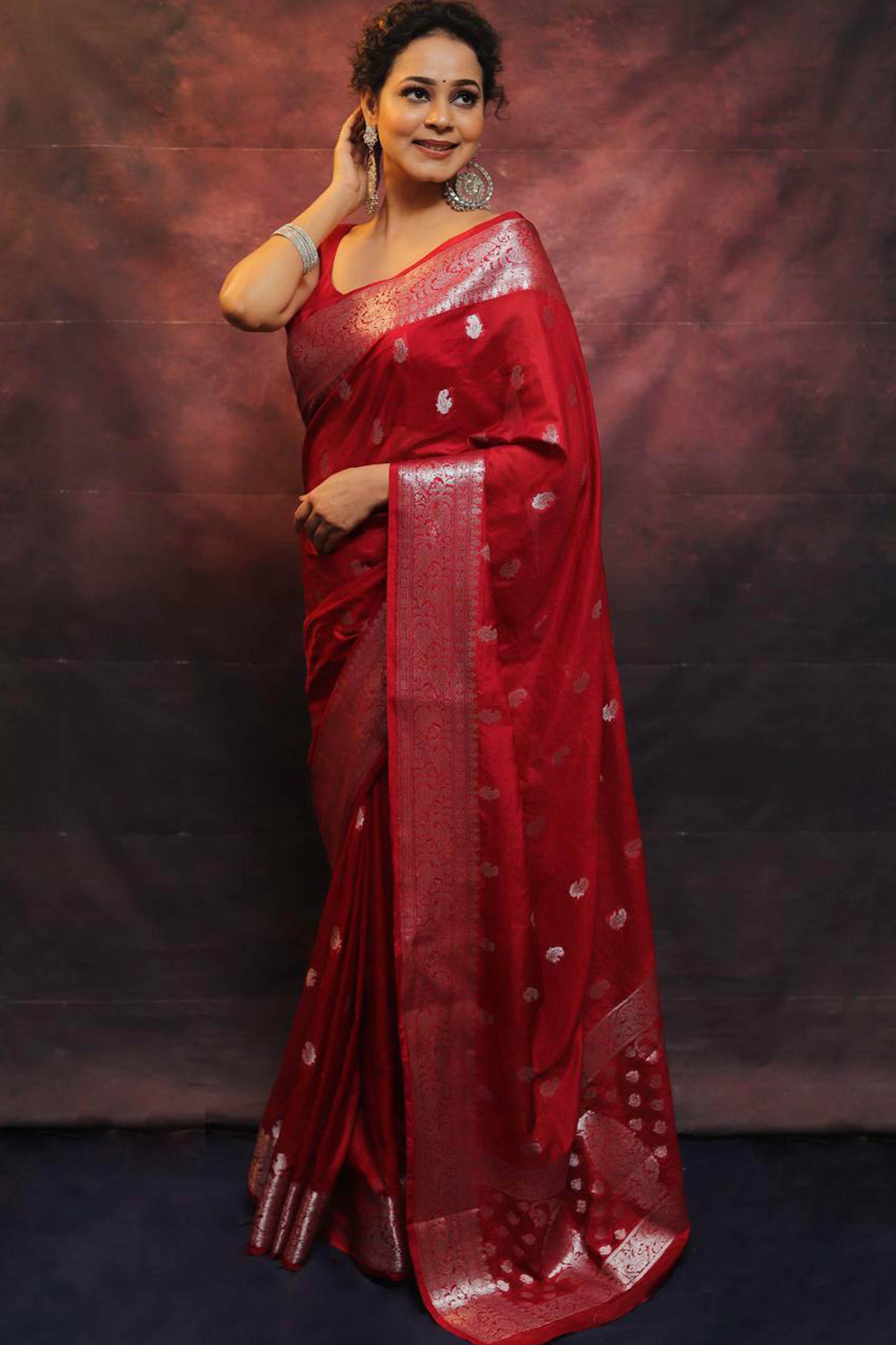 Red Floral Woven Lichi Banarasi Silk Saree
