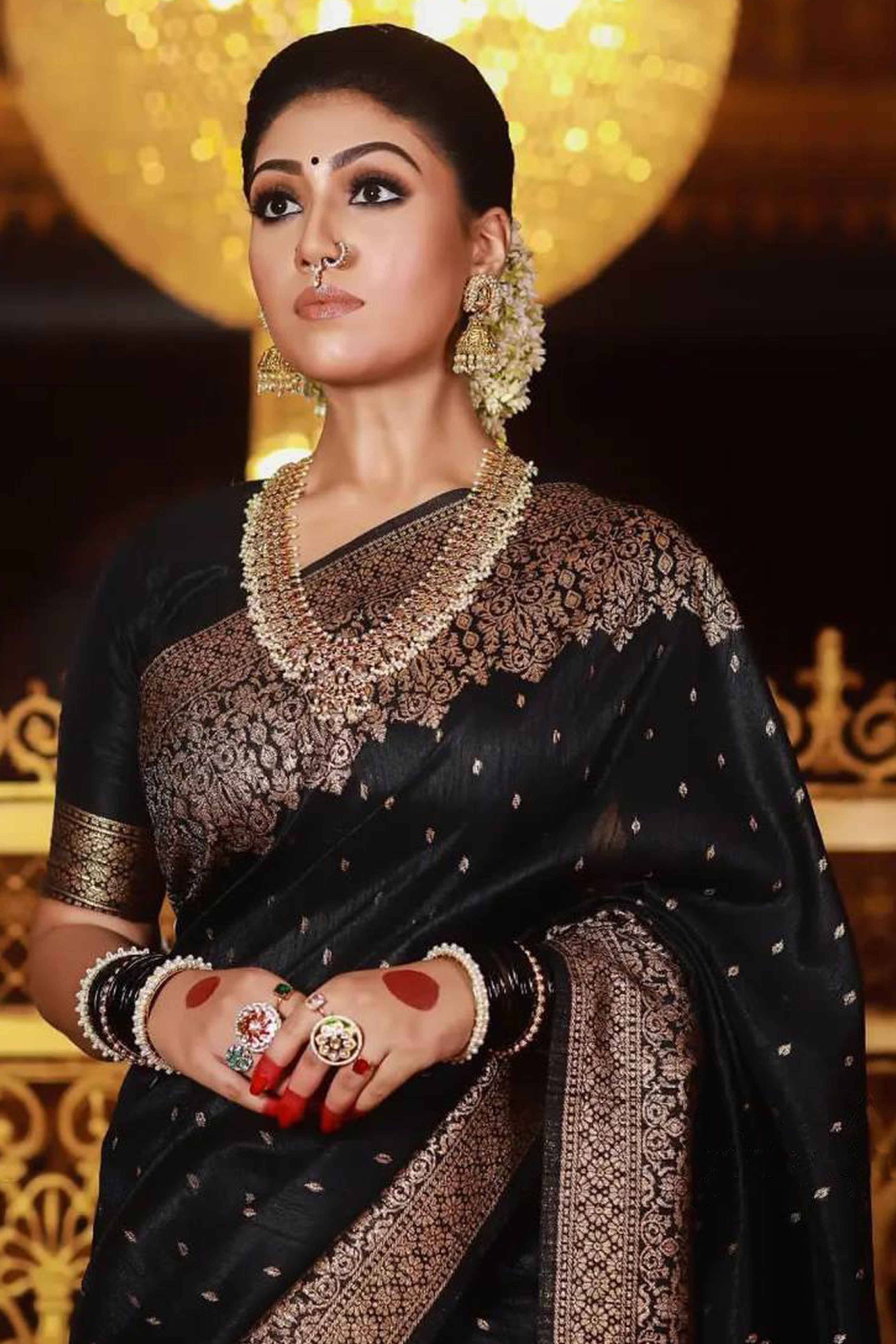 Black Floral Woven Banarasi Silk Saree With Tassels
