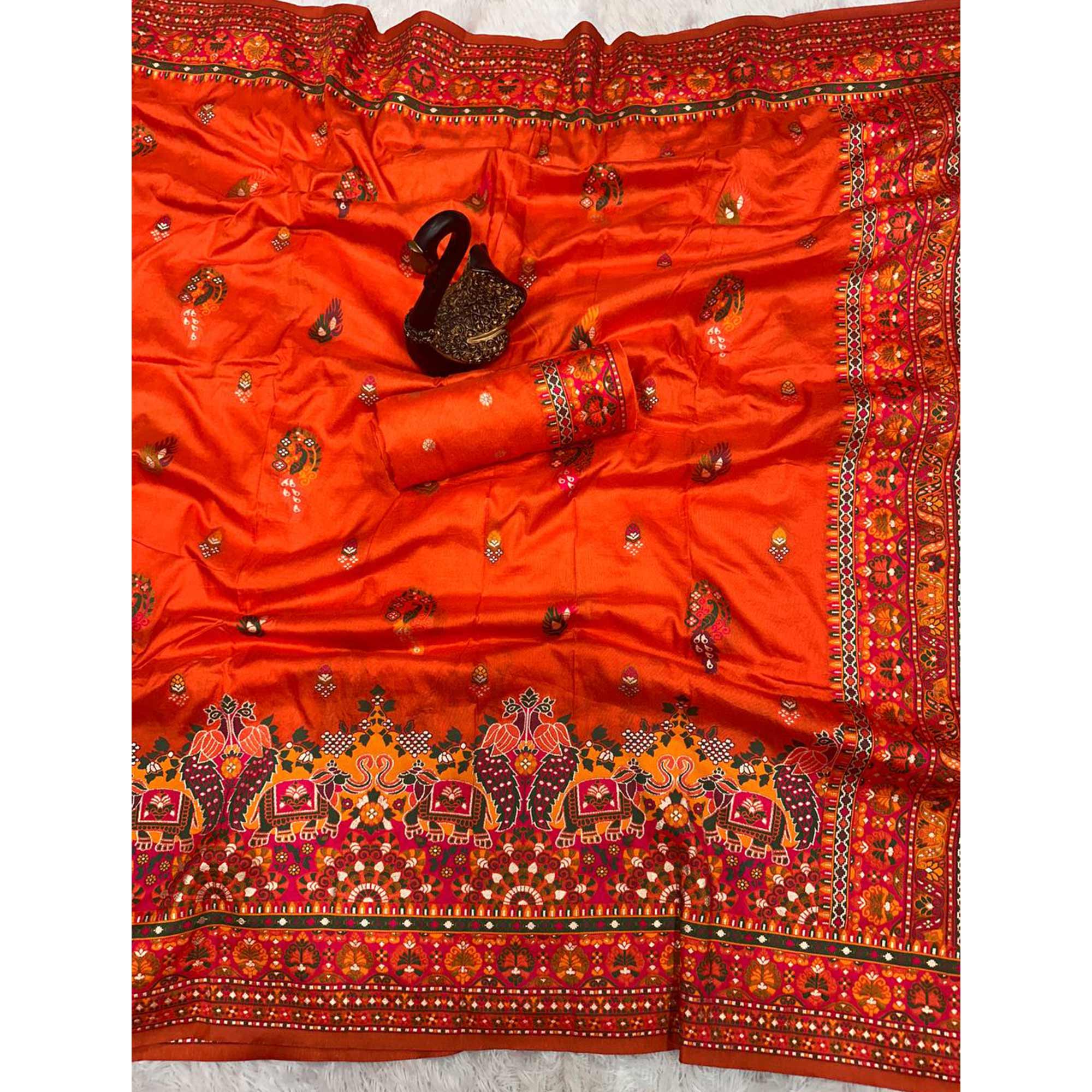 Orange Pashmina Silk Weaving Saree Designed in Classic Rajwadi Style for Festive Wear
