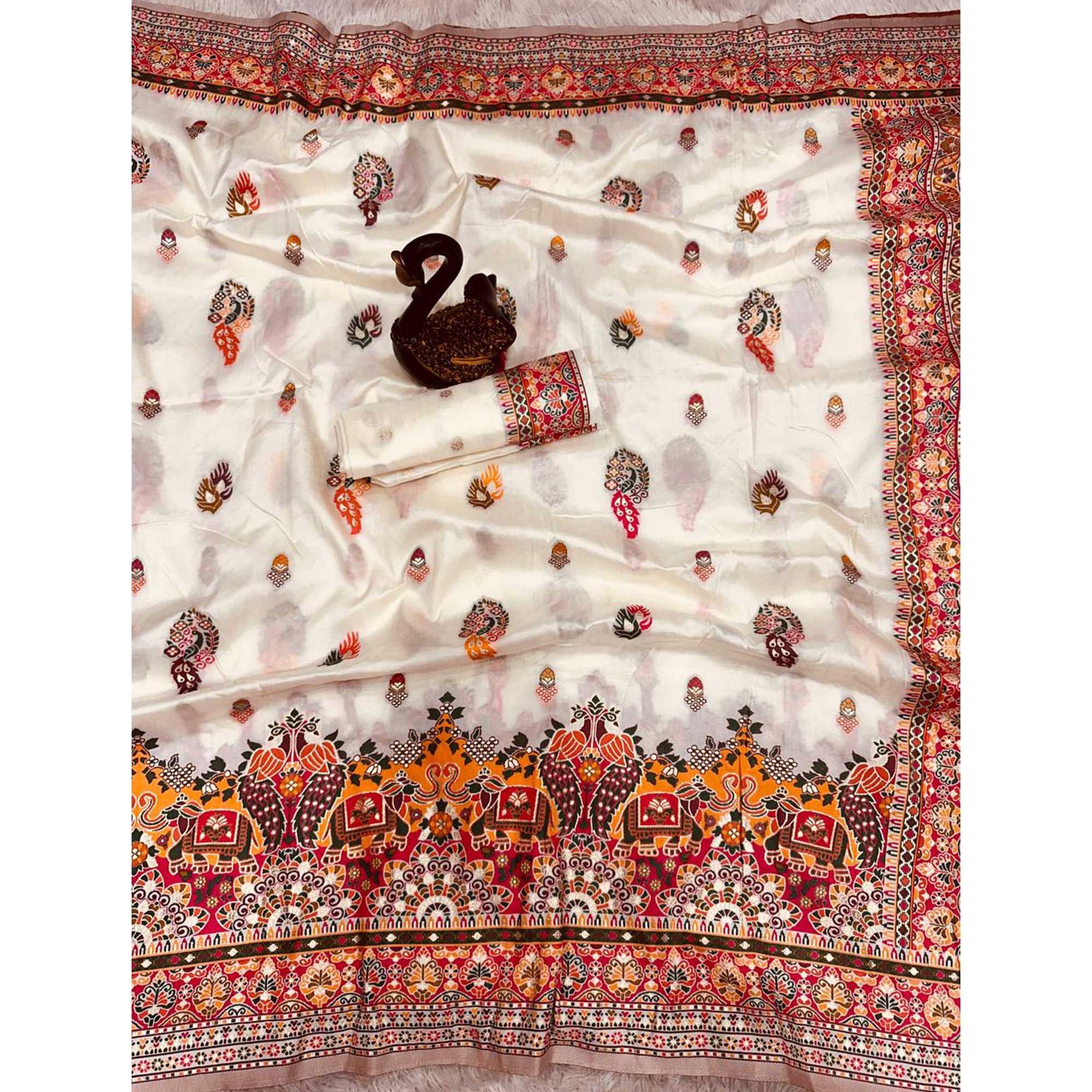 White Pashmina Silk Weaving Saree Designed in Classic Rajwadi Style for Festive Wear